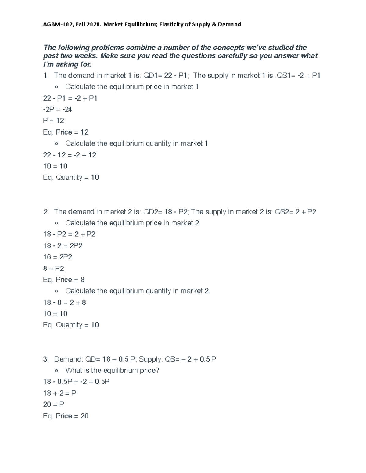 HW-Mkt Equilibrium Complete - AGBM-102, Fall 2020. Market Equilibrium ...