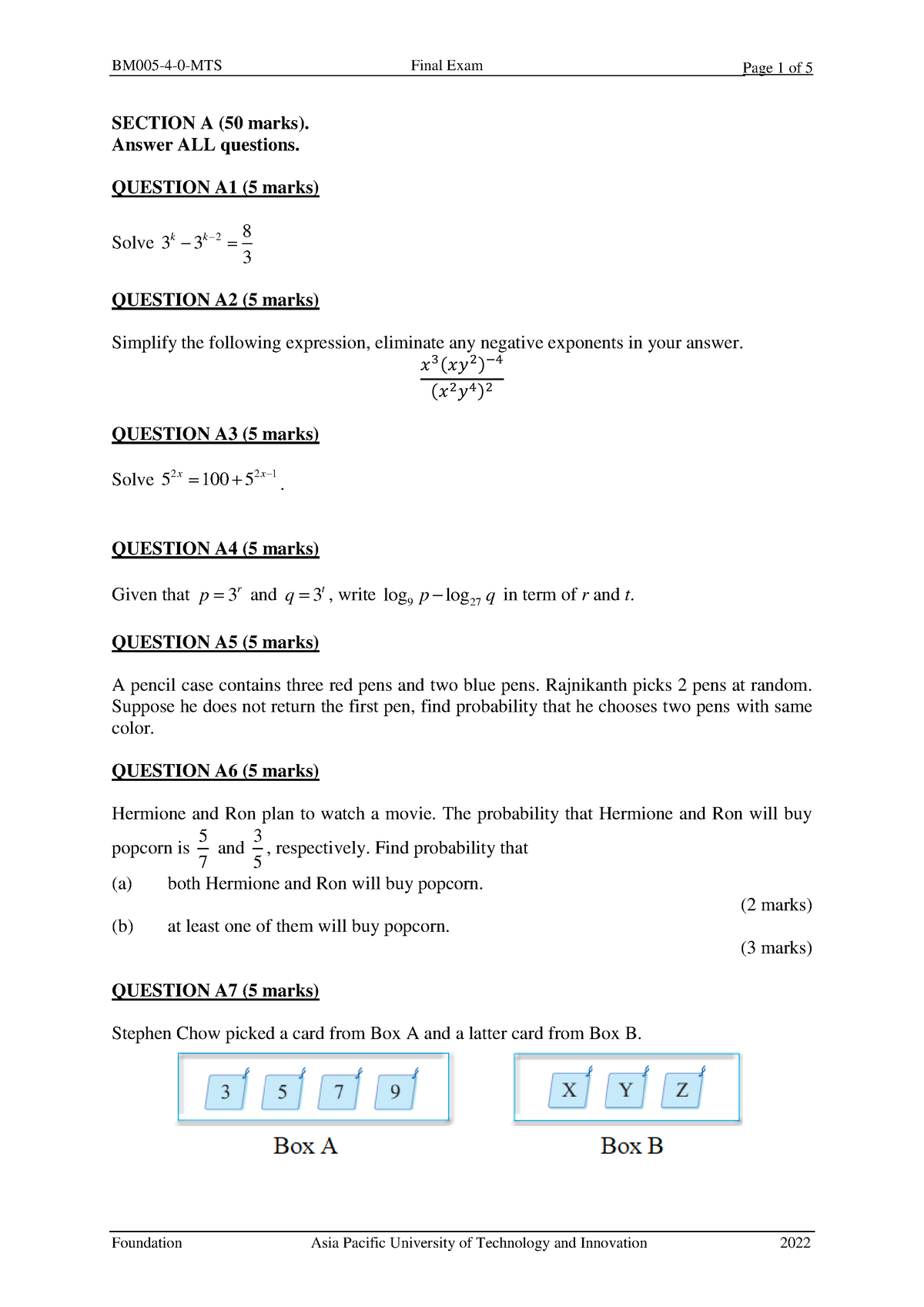 MTS EXAM Q - MATHS - Page 1 of 5 SECTION A (50 marks). Answer ALL ...