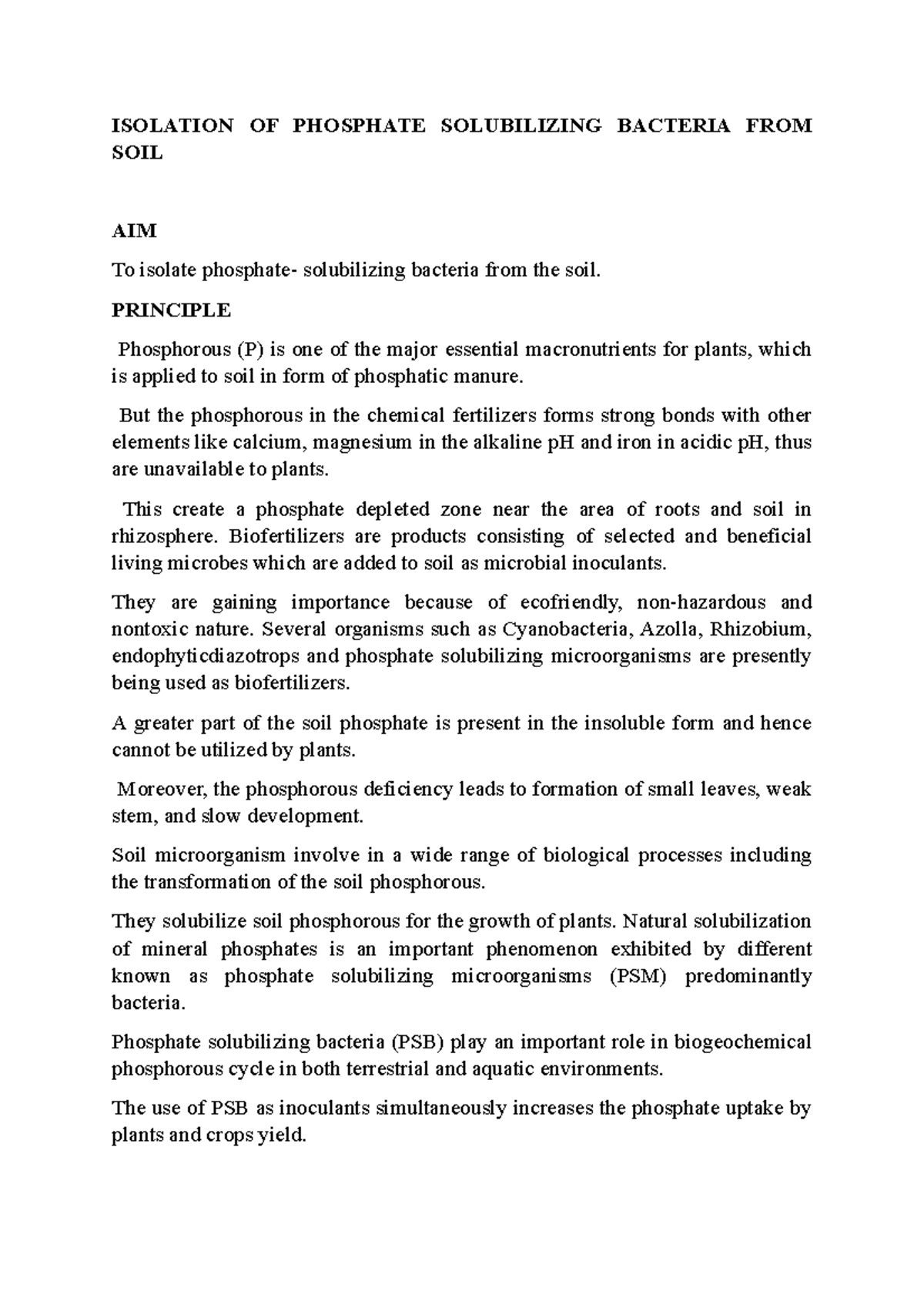 Isolation OF Phosphate Solubilizing Bacteria FROM SOIL ISOLATION OF PHOSPHATE SOLUBILIZING