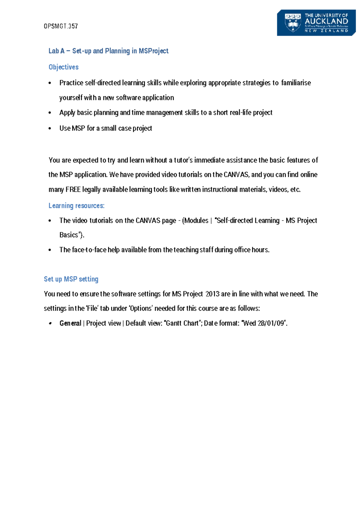 Lab A - lab a materials - Lab A – Set-up and Planning in MSProject ...