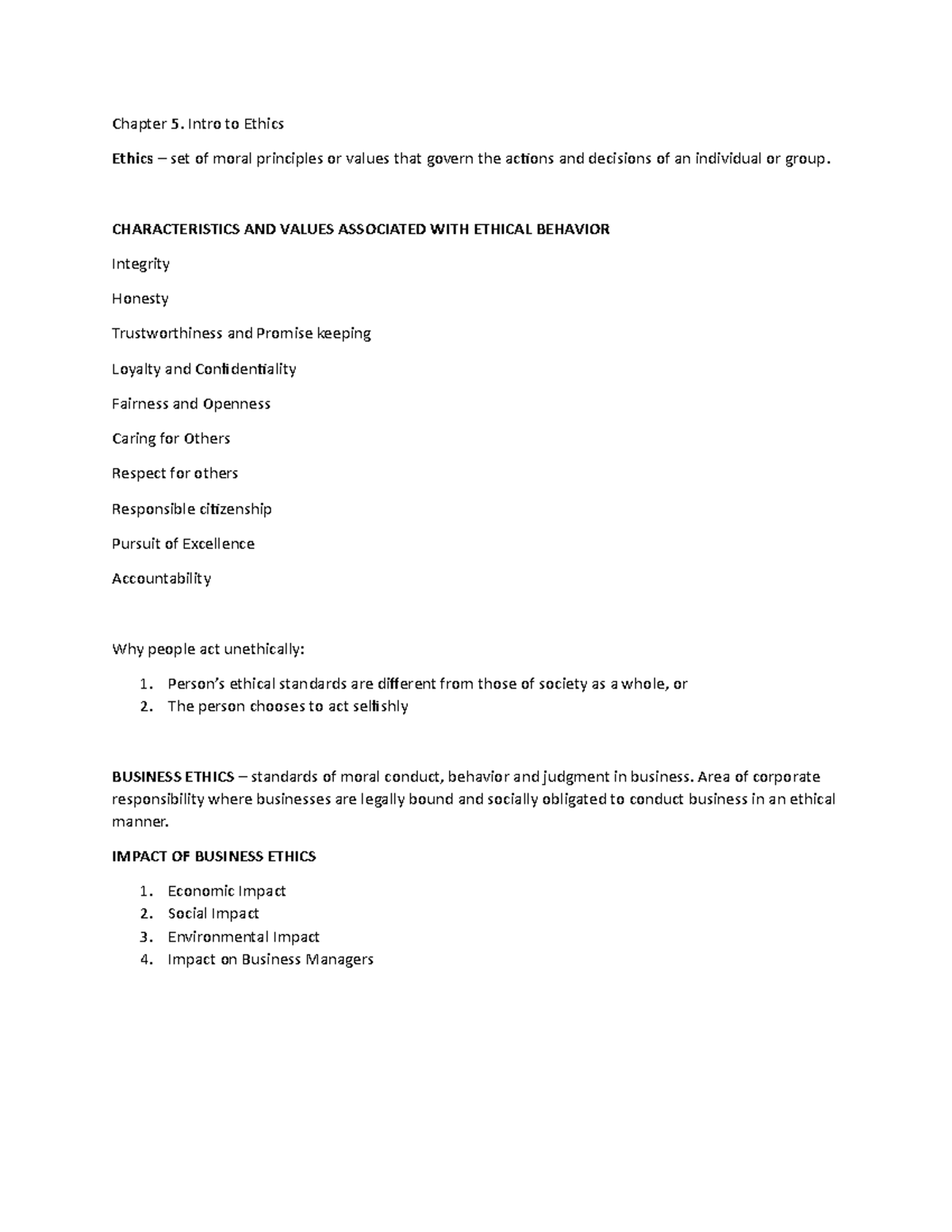 Chapter 5 - Lecture notes 3.1 - Chapter 5. Intro to Ethics Ethics – set ...