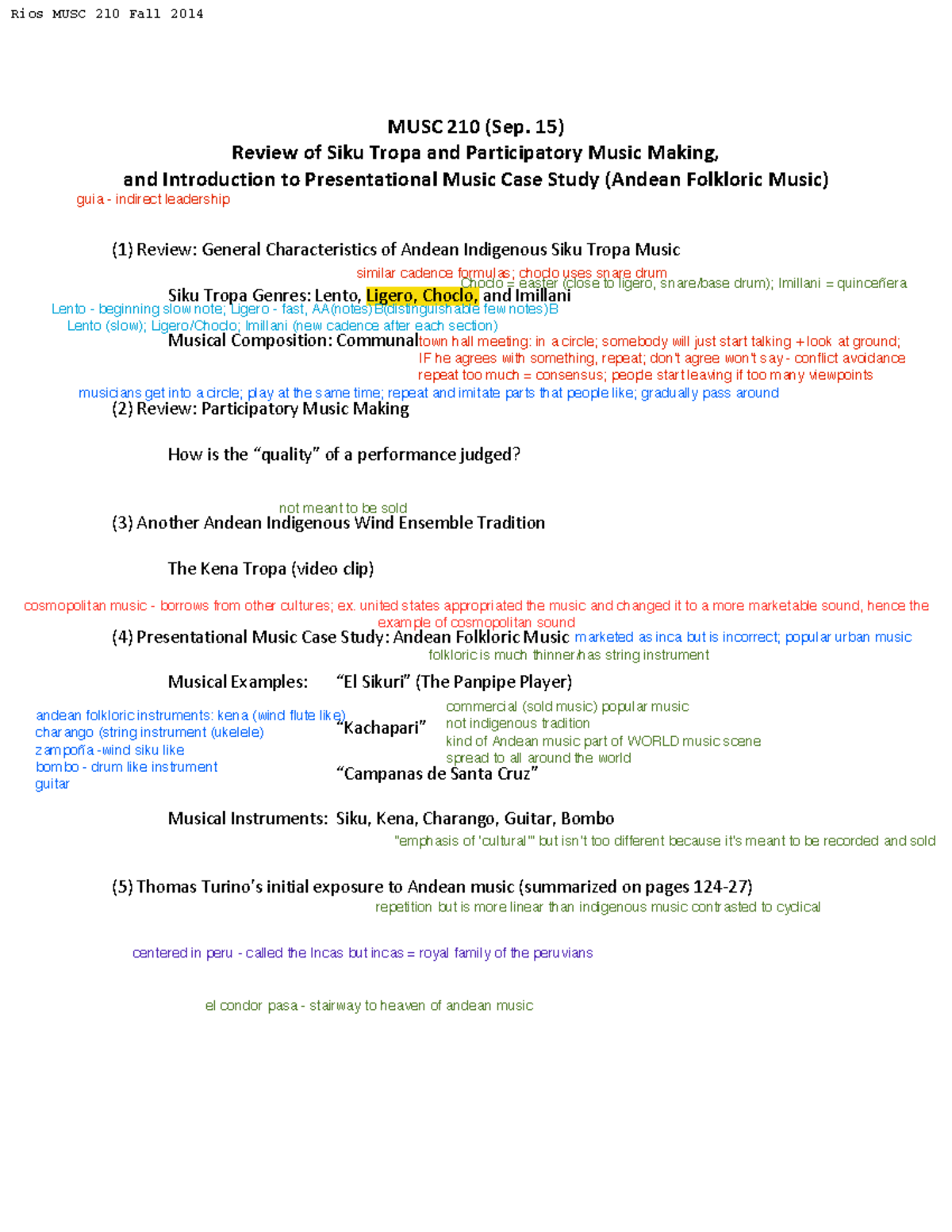 Class 4 Notes - Rios - MUSC 210 (Sep. 15) Review of Siku Tropa and ...
