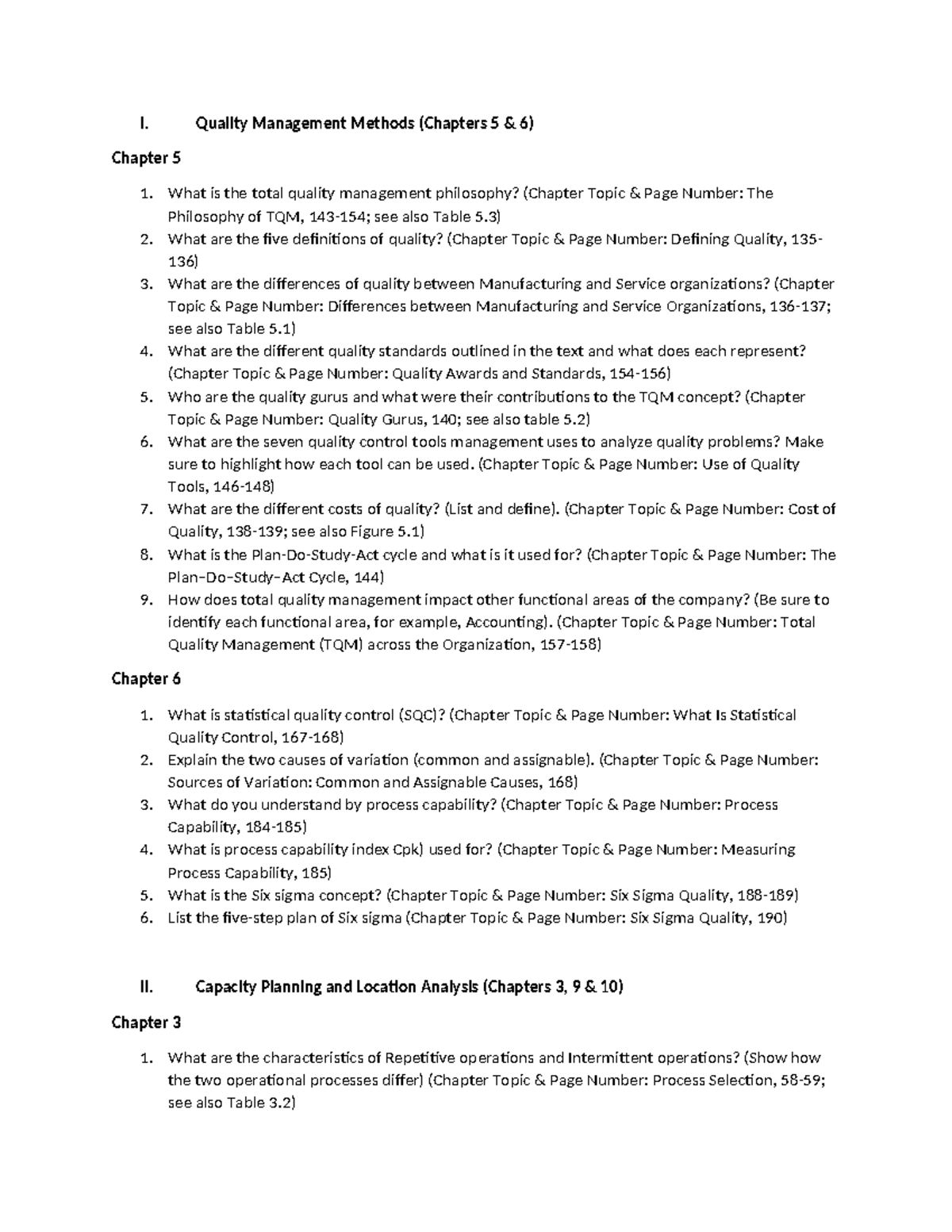 C215 Study Guide Malen - I. Quality Management Methods (Chapters 5 & 6 ...