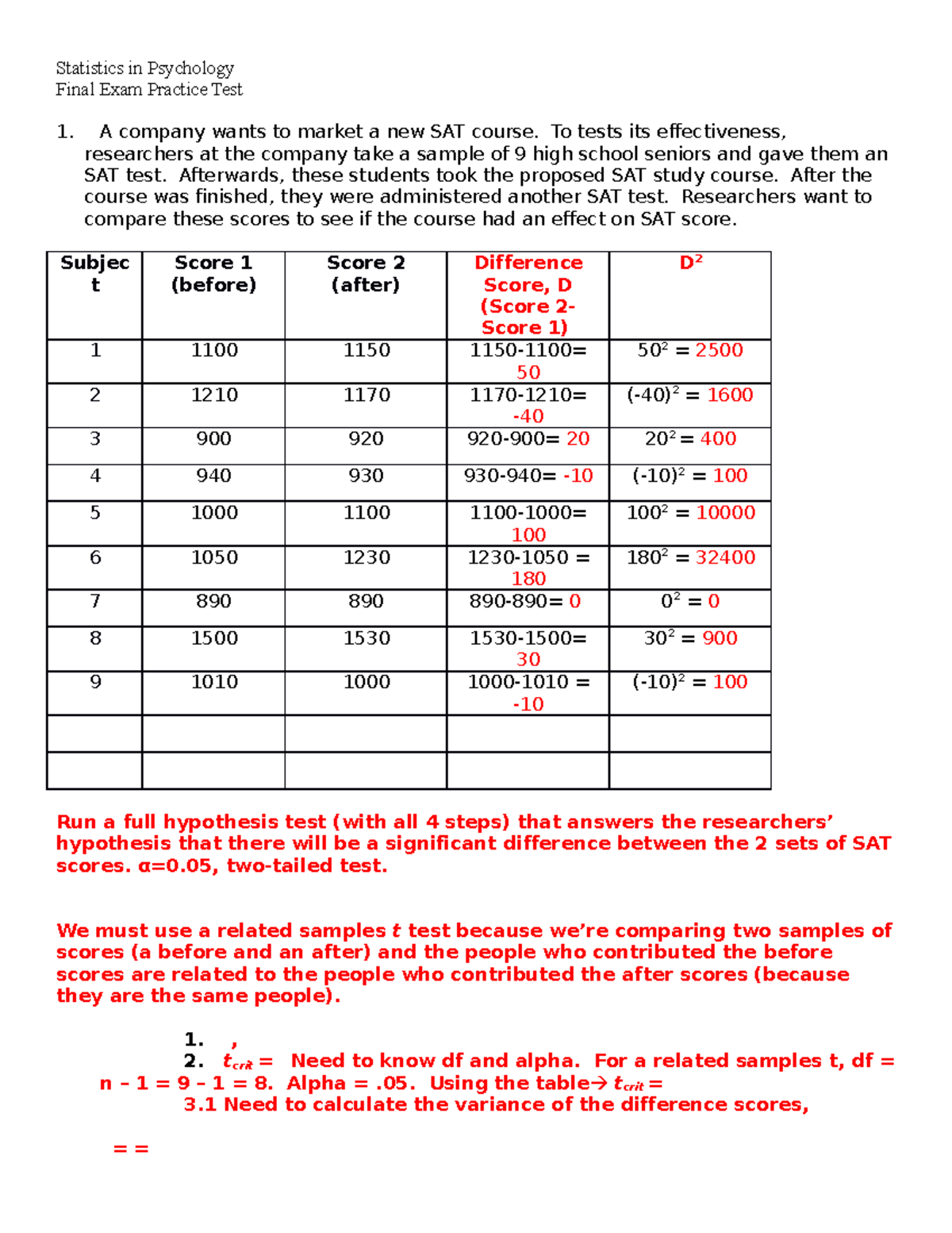 Answer Key Final Exam Practice Problems - Final Exam Practice Test A ...