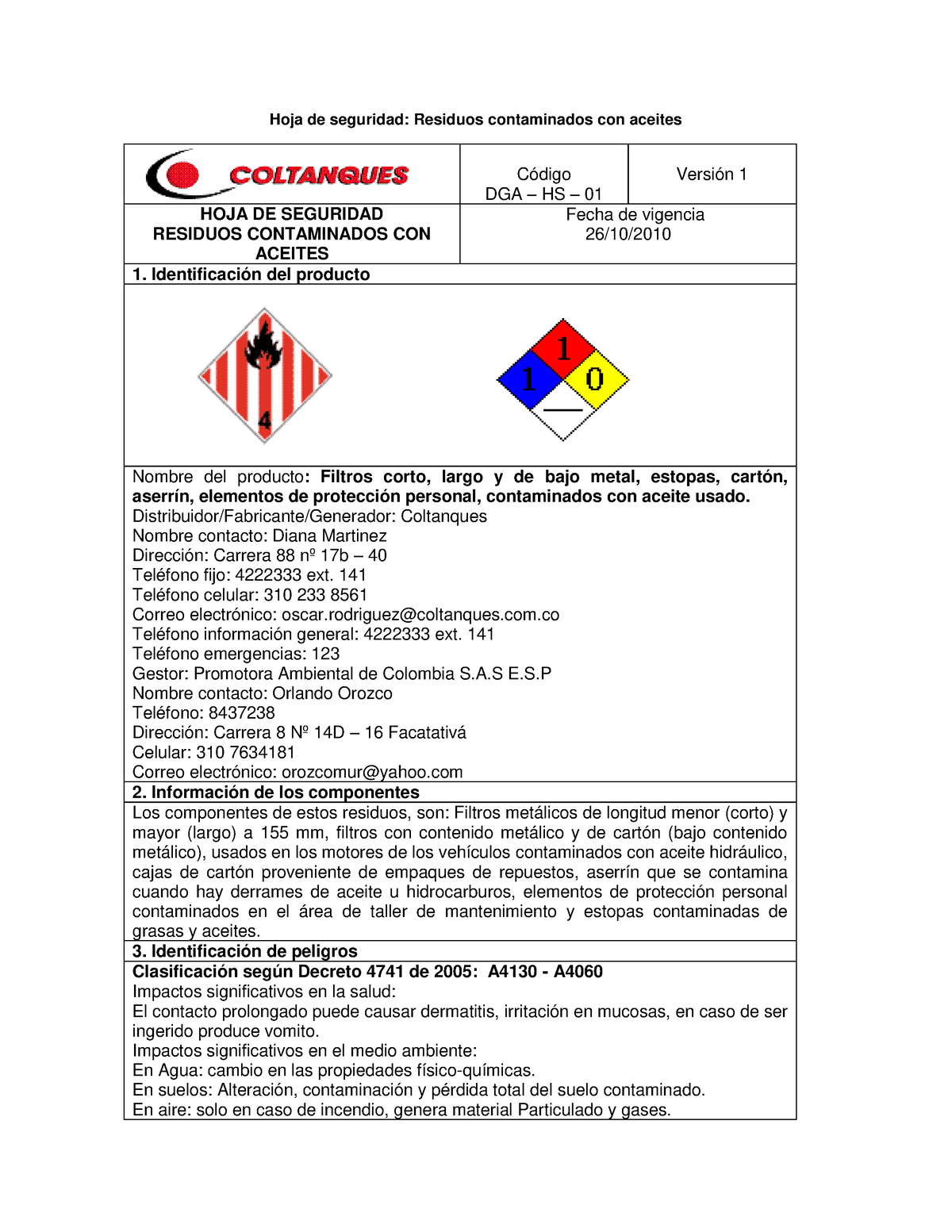 Hojas DE Seguridad Residuos Contaminados Con Aceite - Hoja De Seguridad ...