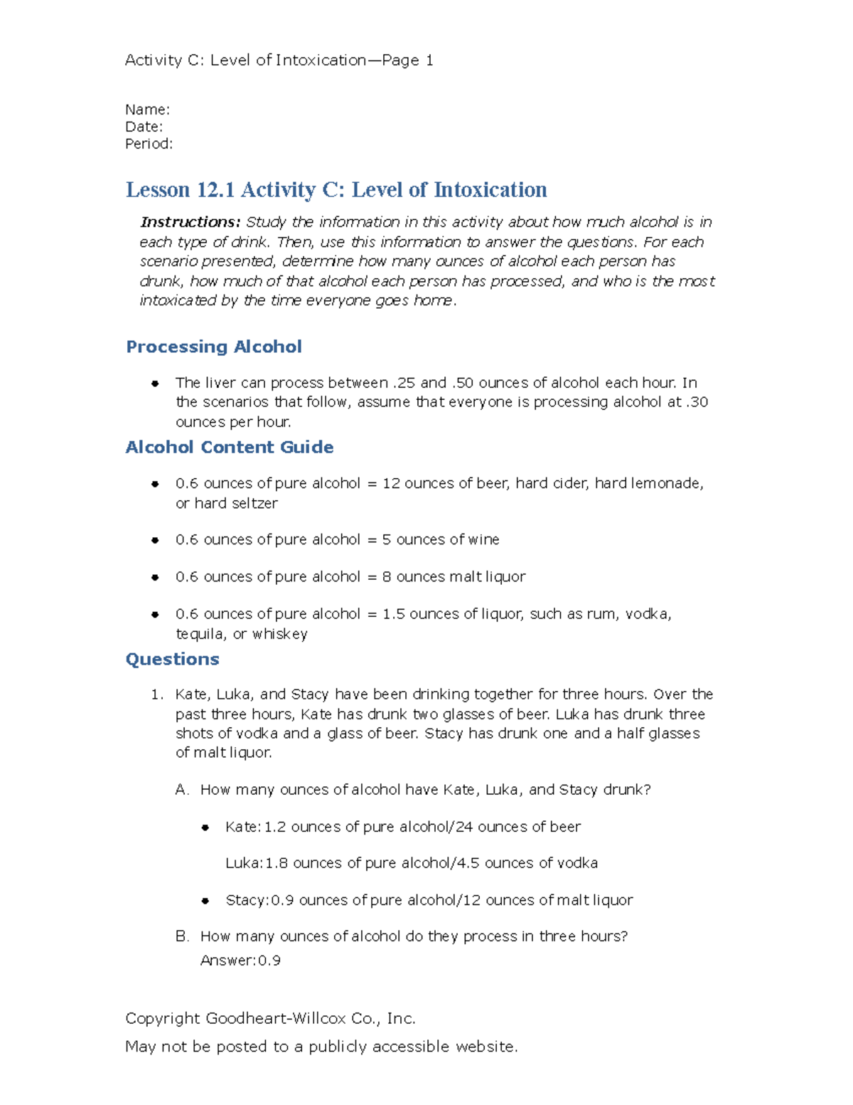 Activity C Level of Intoxication - Activity C: Level of Intoxication ...