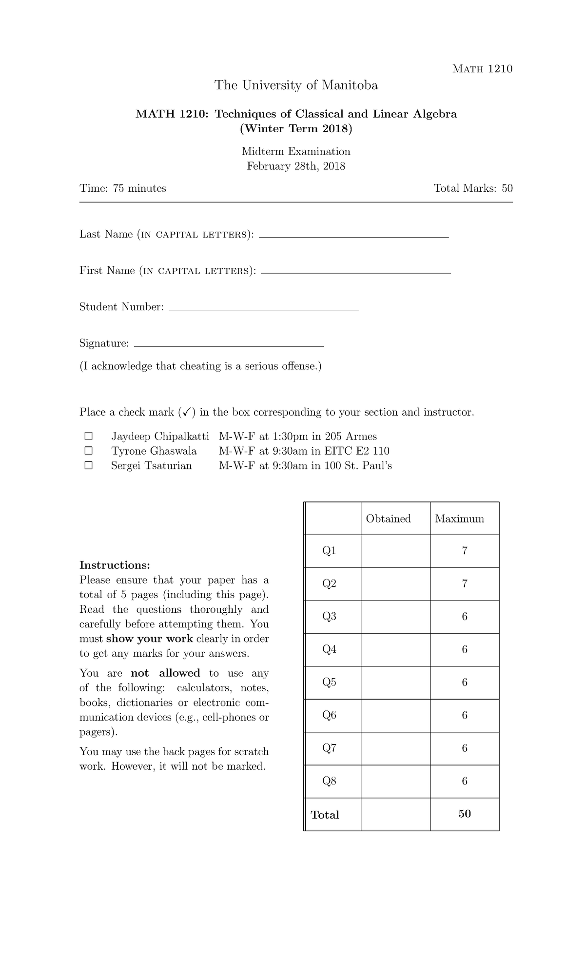 21Math1210 Midterm Test (Winter 2018 ) Math 1210 The University of Manitoba MATH 1210