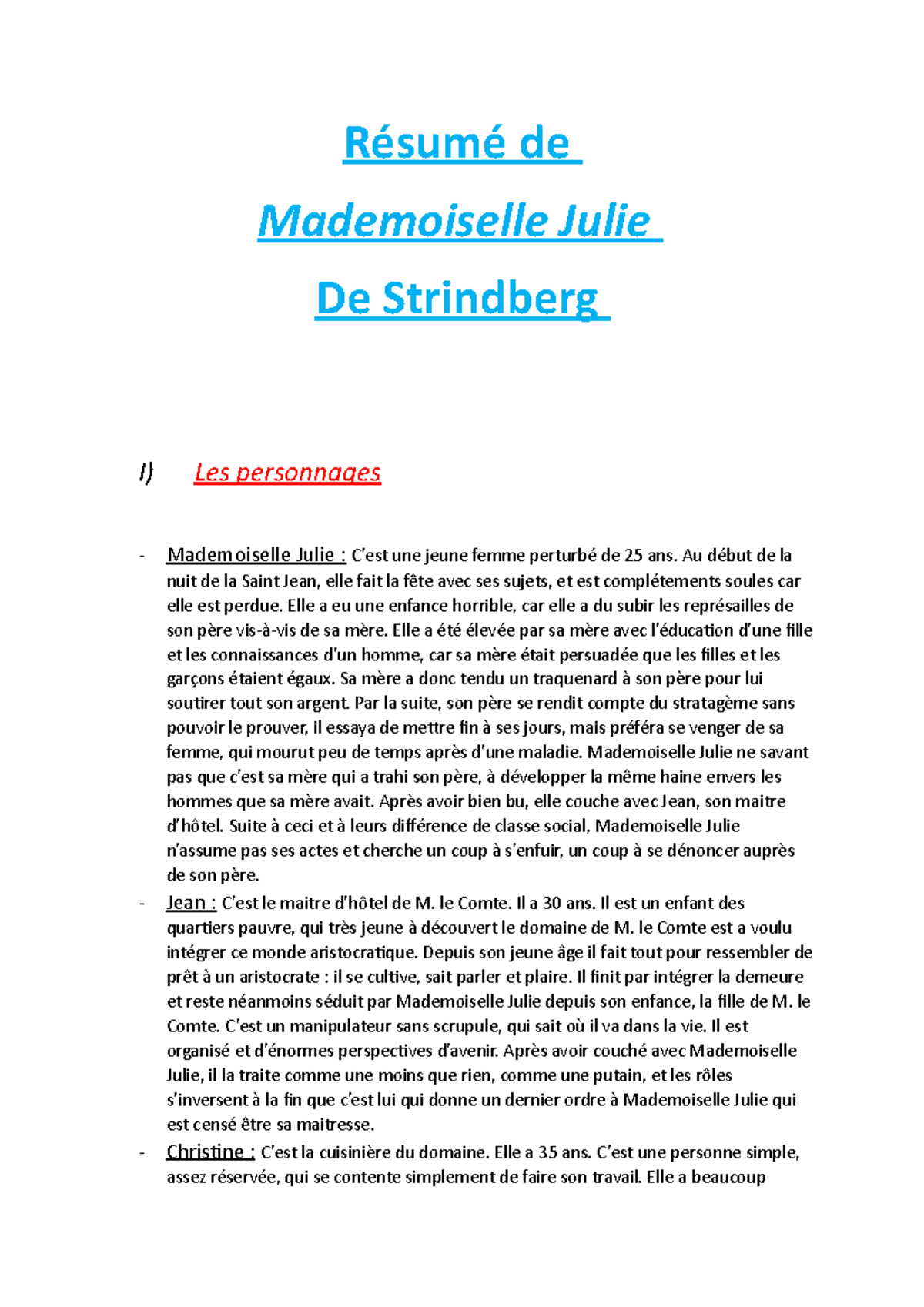 Resume De Mademoiselle Julie De Strindberg Resume De Mademoiselle Julie De Strindberg I Les Studocu