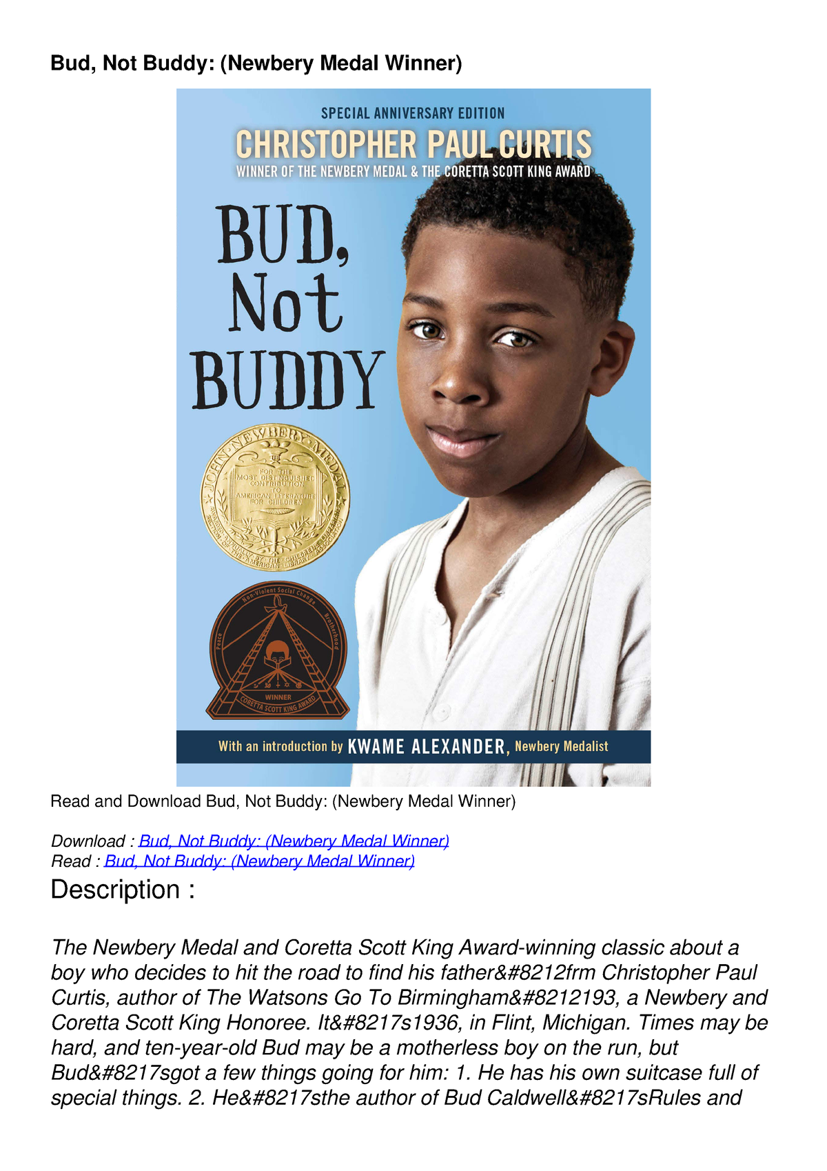 DOWNLOAD/PDF Bud, Not Buddy: (Newbery Medal Winner) - Bud, Not Buddy ...