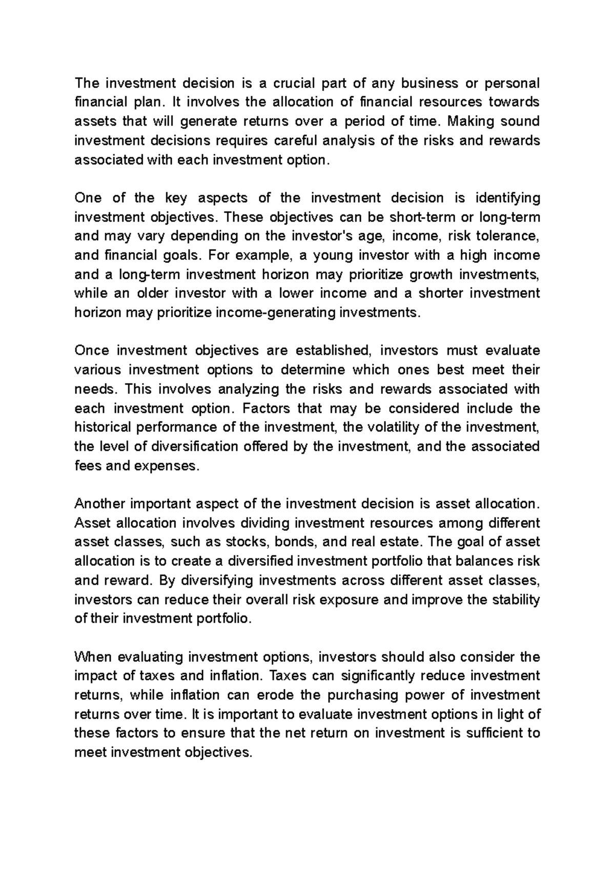 Lecture Notes The Investment Decision corporate finance - The ...