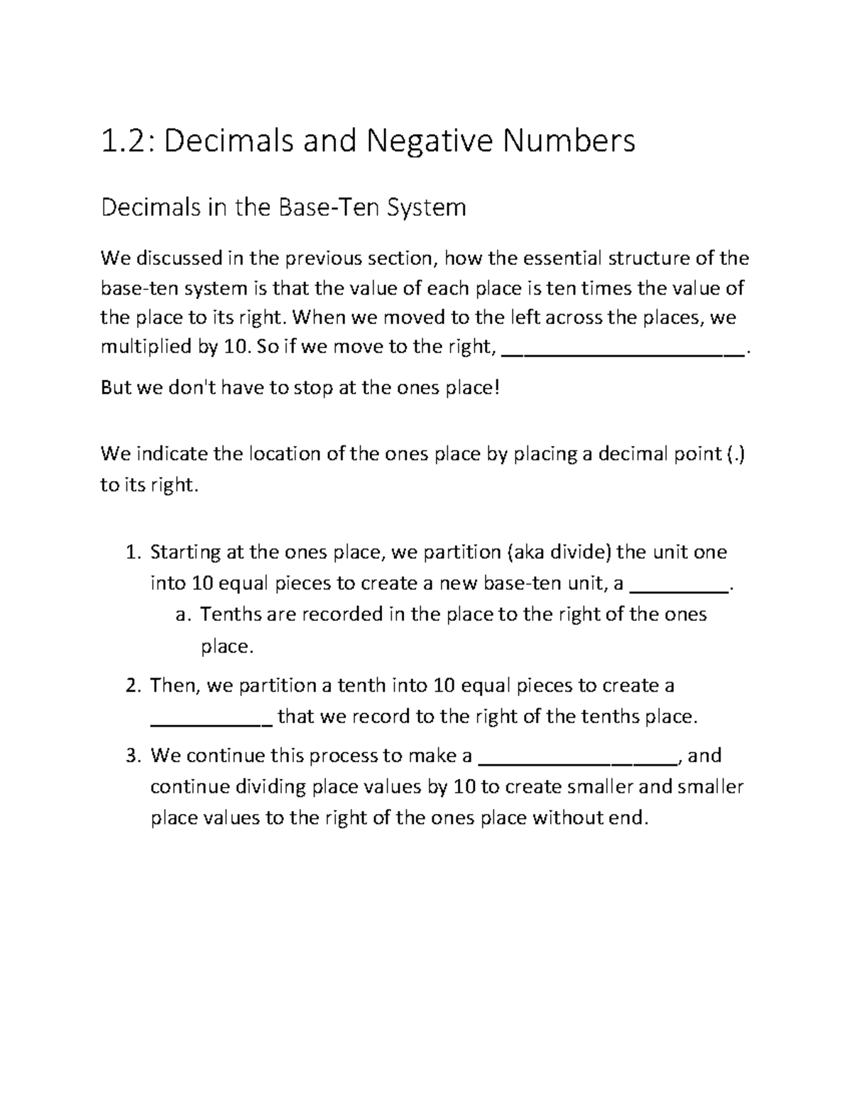 Section 1.2 Blank Guided Notes 1 - 1: Decimals and Negative Numbers ...