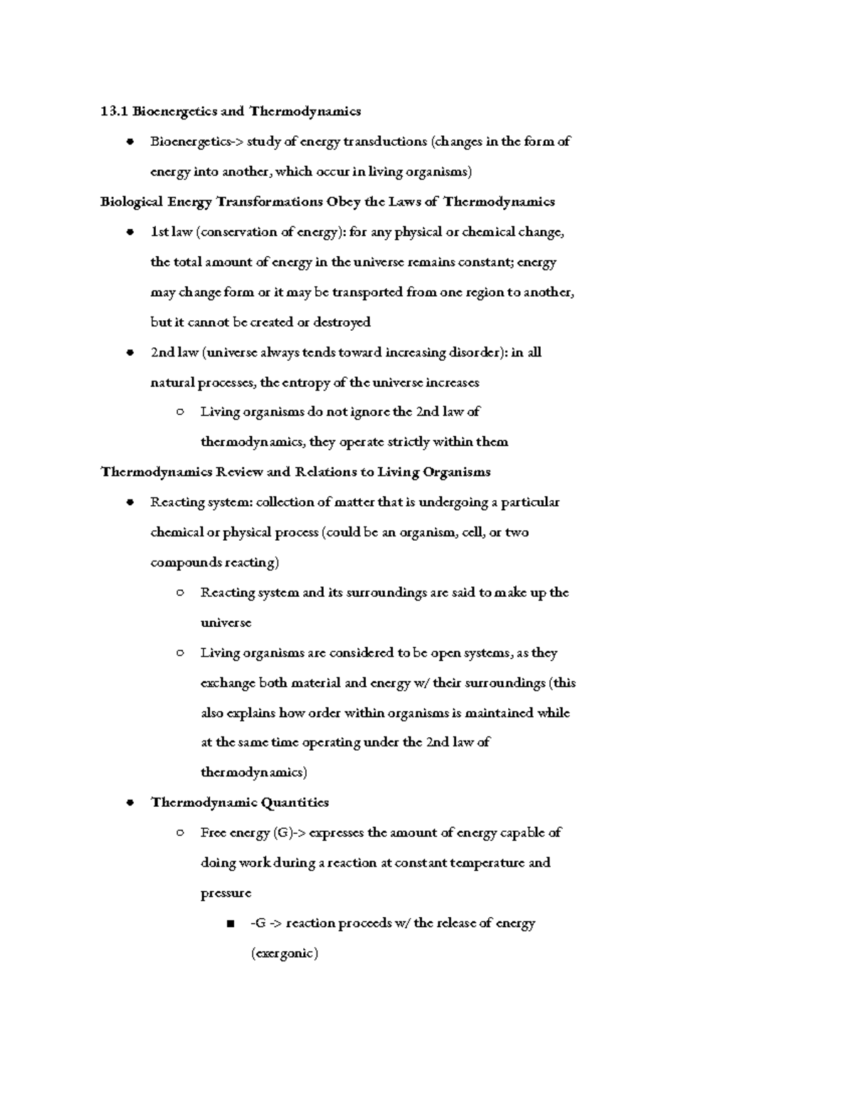 Chapter 13-notes - 13 Bioenergetics and Thermodynamics Bioenergetics ...