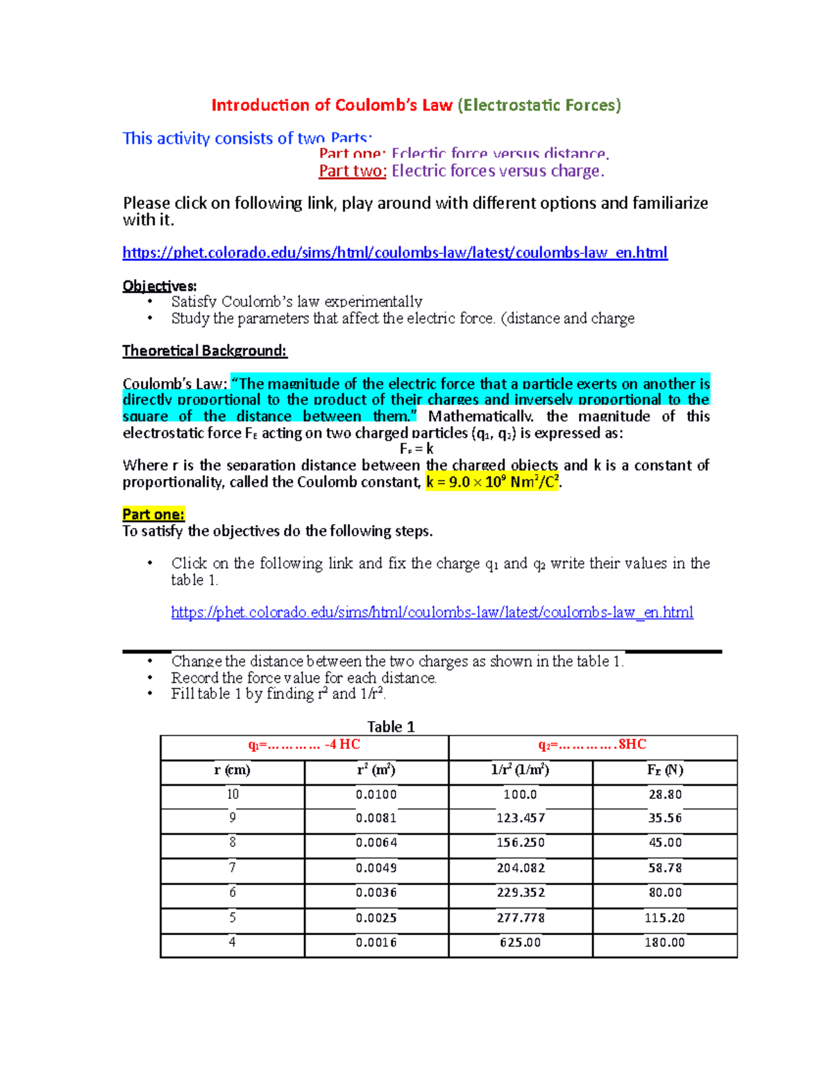 Coulomb's Law lab Cam Introduction of Coulomb’s Law (Electrostatic
