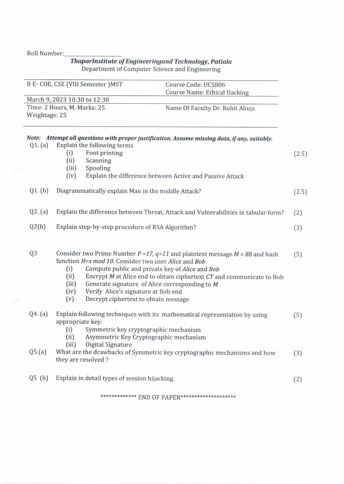 UCS806 MST Question Paper - (5) Roll Number: Thaparinstitute of ...