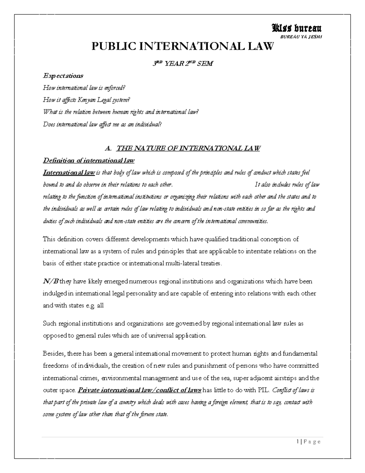 PIL notes - BUREAU YA JESHI PUBLIC INTERNATIONAL LAW 3 RD YEAR 2ND SEM ...