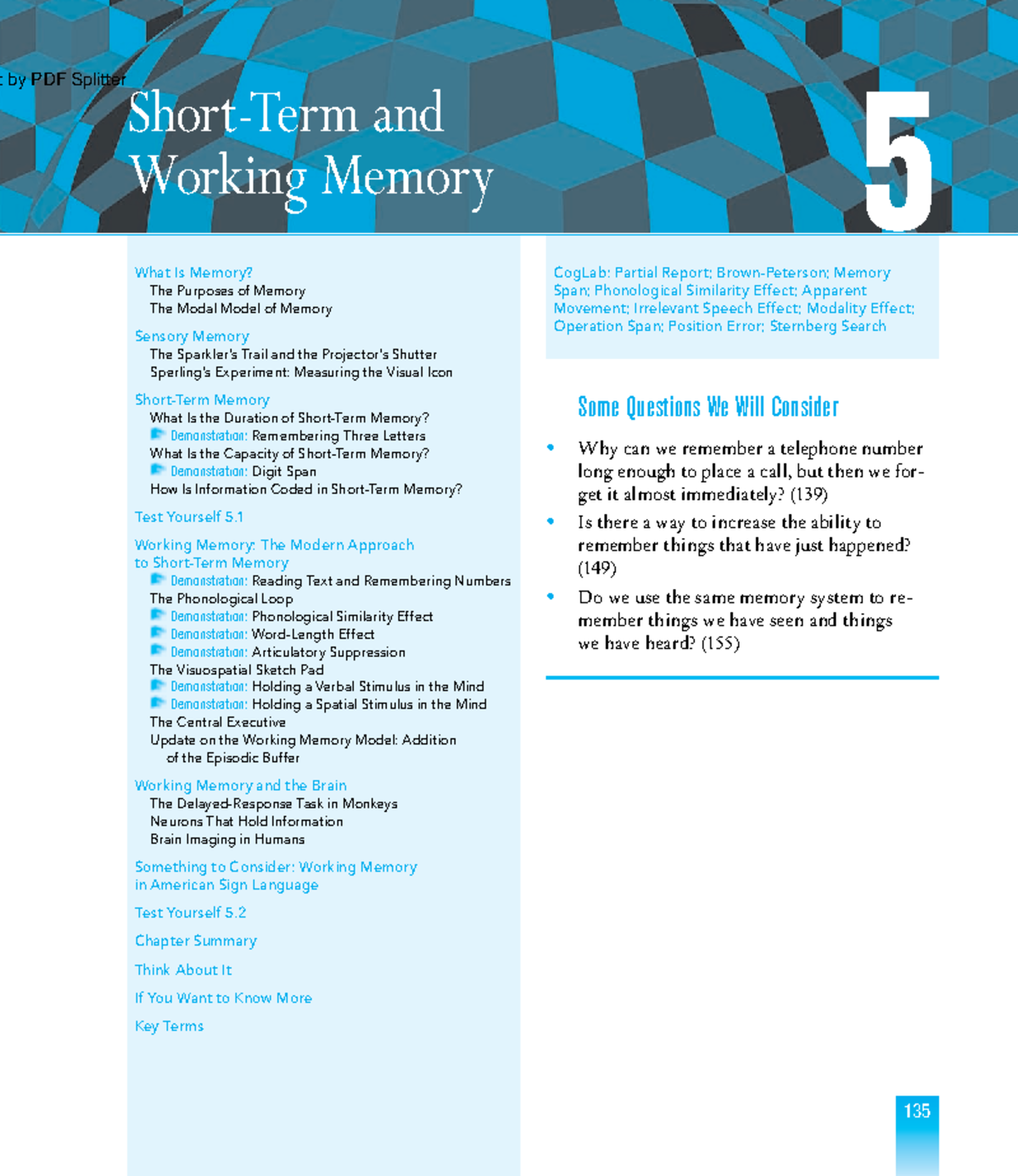 Memory I NOTES 135 CogLab Partial Report; BrownPeterson; Memory