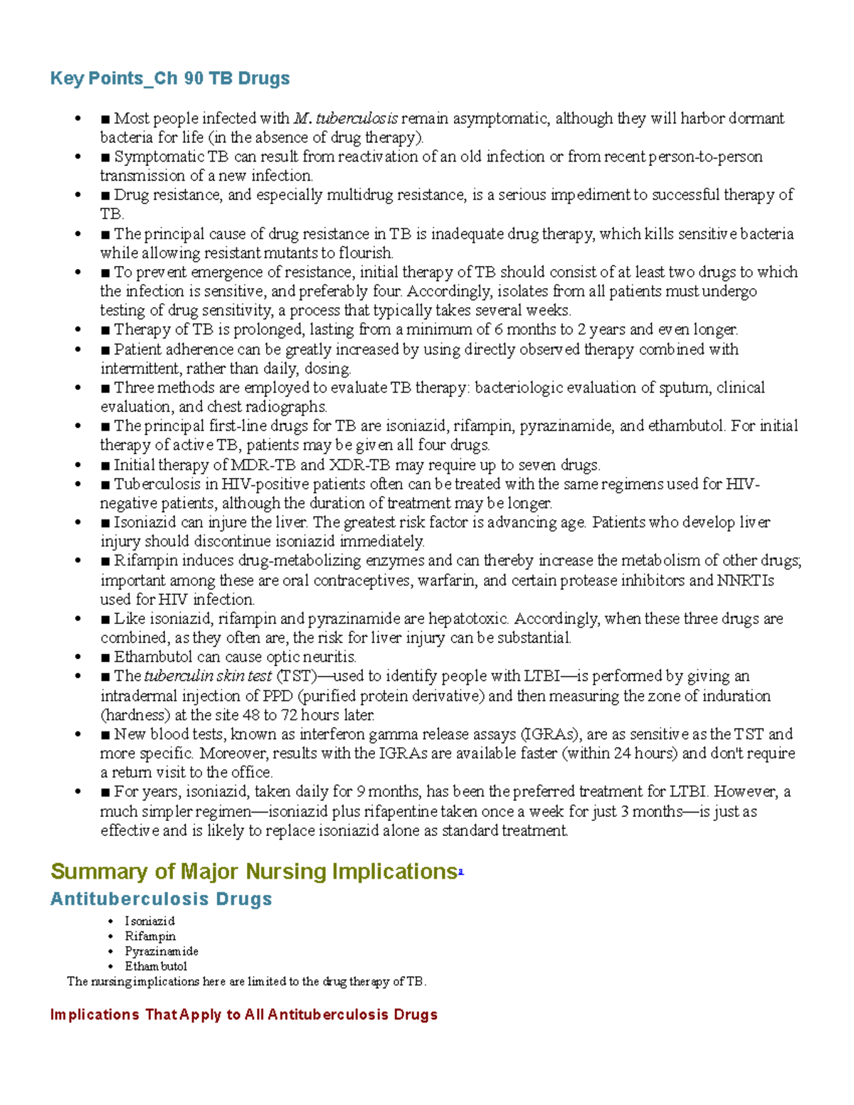 CH 90 TB - Key points and nursing implication - Key Points_Ch 90 TB