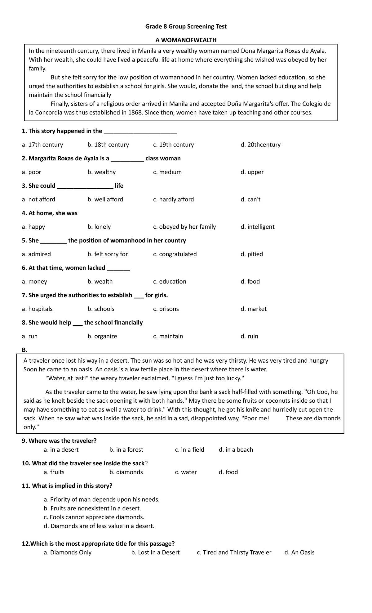 Grade 8 Group Screening Test - 17th century b. 18th century c. 19th ...