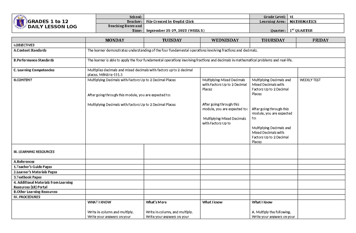 DLL Mathematics 6 Q1 W5 - DLL - GRADES 1 to 12 DAILY LESSON LOG School ...