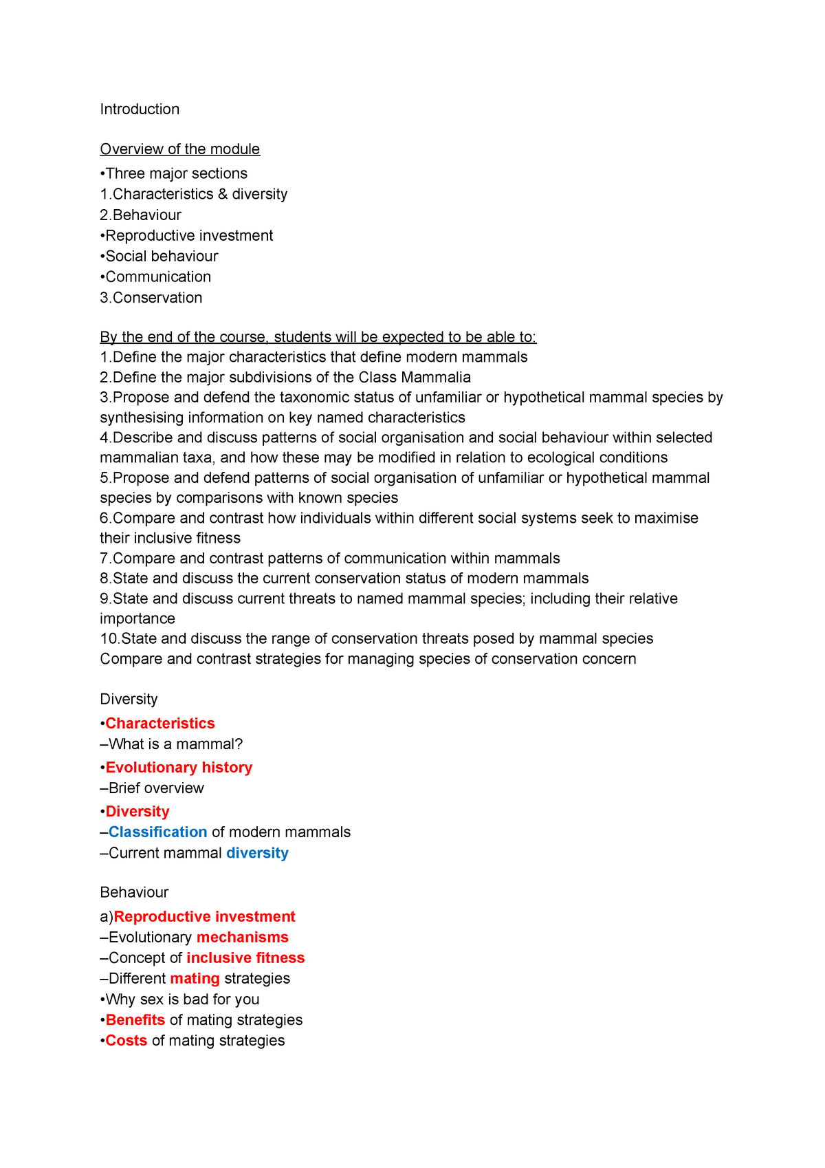 1. mammal characteristics - Introduction Overview of the module •Three