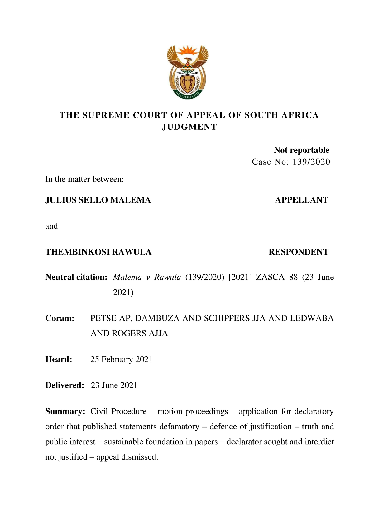 88 - Case Law - THE SUPREME COURT OF APPEAL OF SOUTH AFRICA JUDGMENT ...