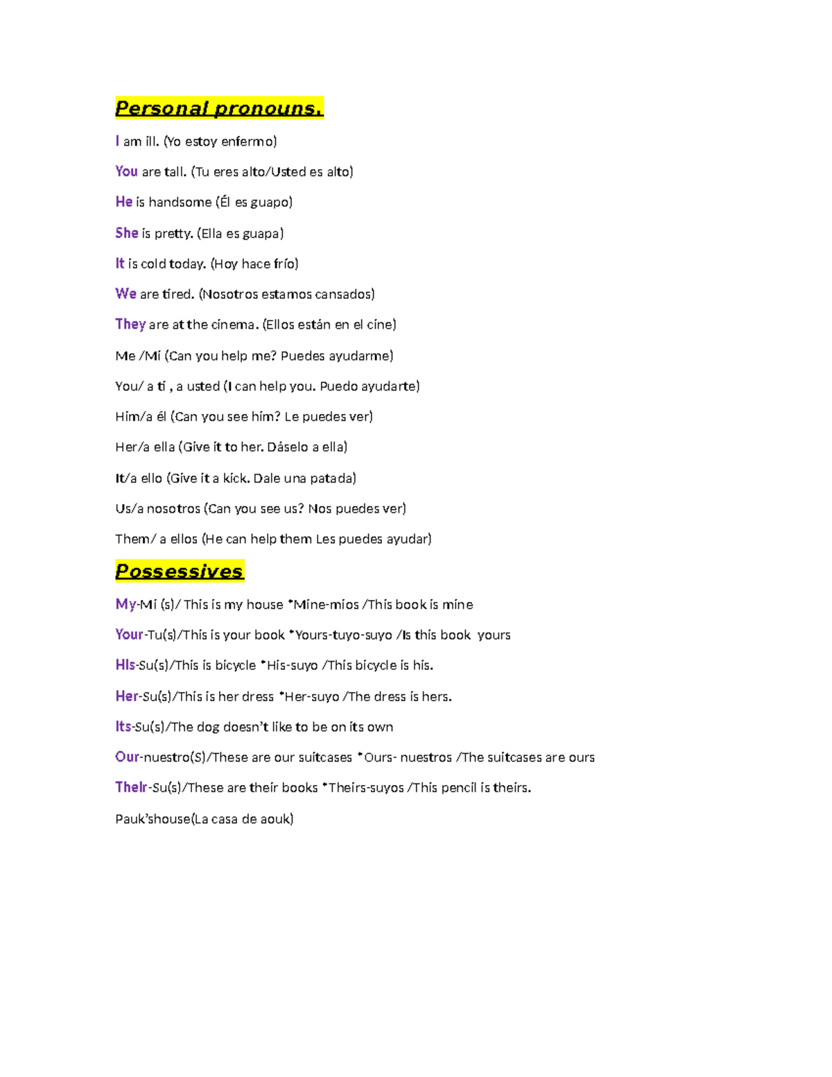 English - son algunos tiempos en ingles - Personal pronouns. I am ill ...