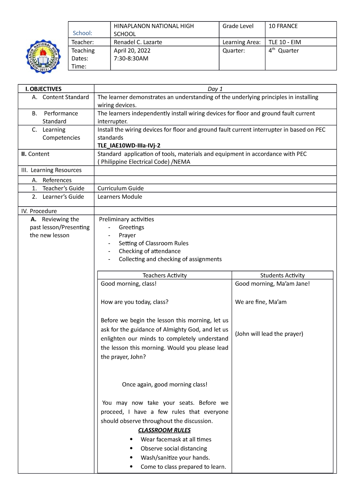 DLP-3 - Electrical installation and maintenance sample lesson plan ...