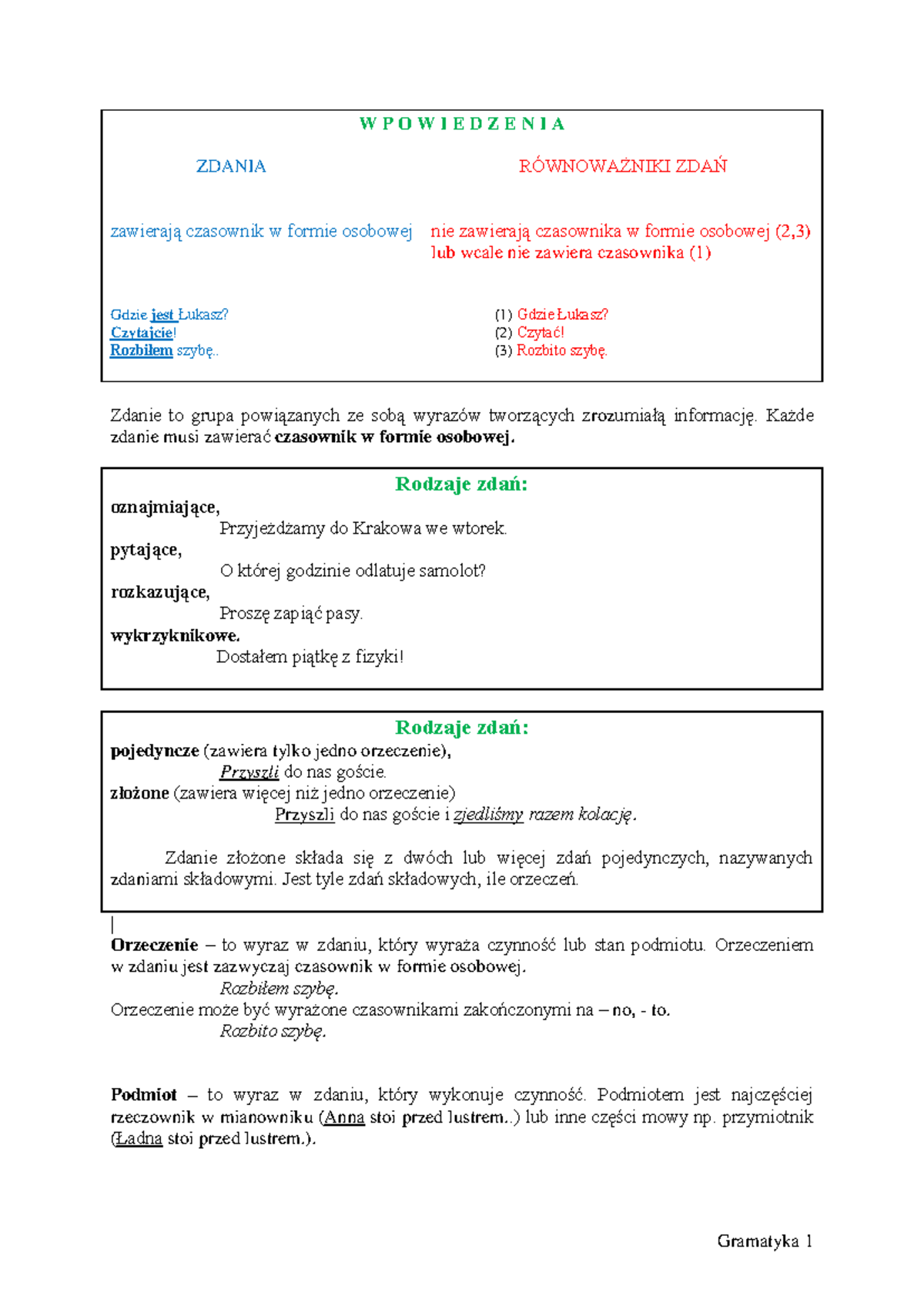4 klasa 2 czesci zdania - Streszczenie Gramatyka – obraz świata