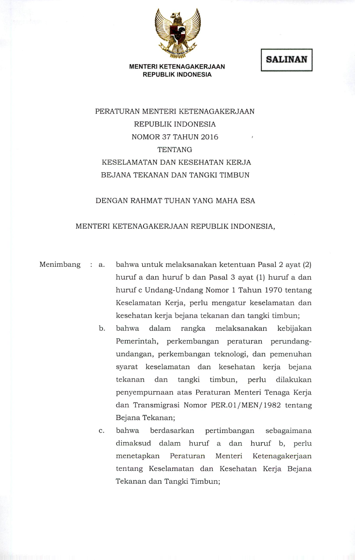 Permen 37 2016 - Keselamatan Dan Kesehatan Kerja Bejana Tekanan Dan ...