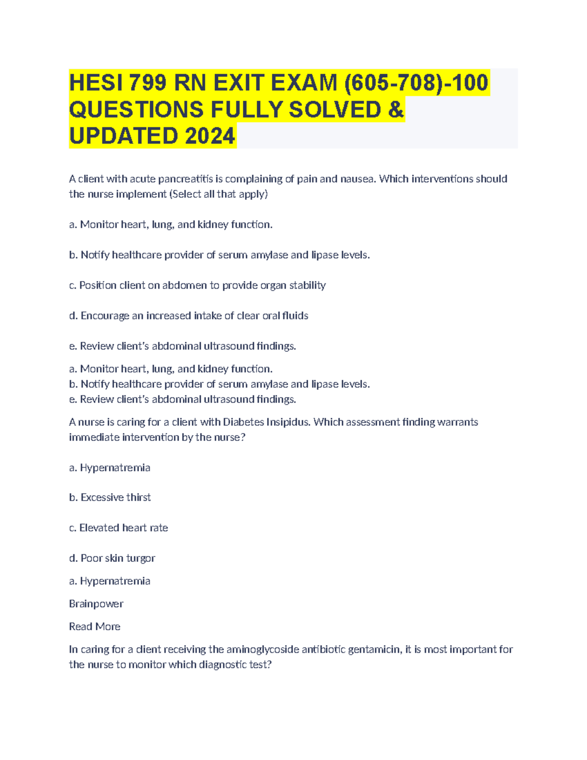 Hesi 799 Rn Exit Exam (605-708)-100 Questions Fully Solved & Updated 