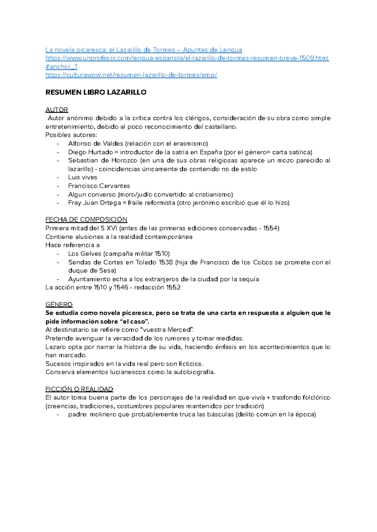 Resumen Lazarillo - La novela picaresca: el Lazarillo de Tormes ...