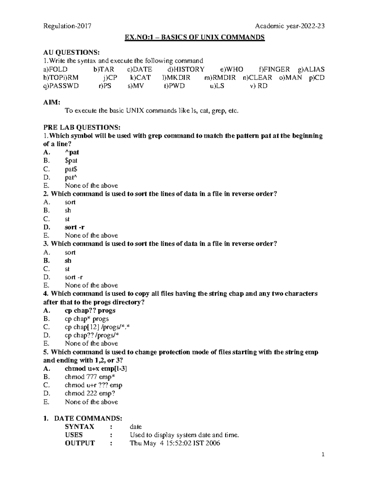 OS LAB Manual Updated - EX:1 3 BASICS OF UNIX COMMANDS AU QUESTIONS: 1 ...