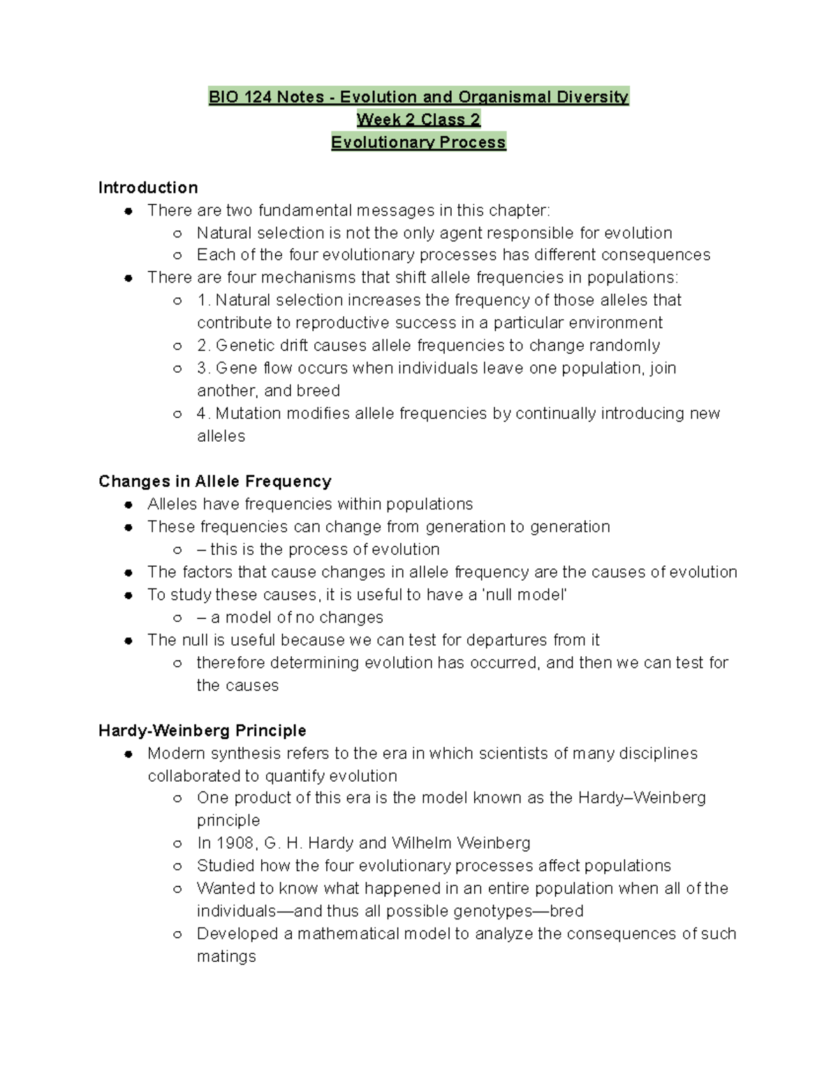 BIO 124 Week 2 Class 2 Notes - BIO 124 Notes - Evolution and Organismal ...