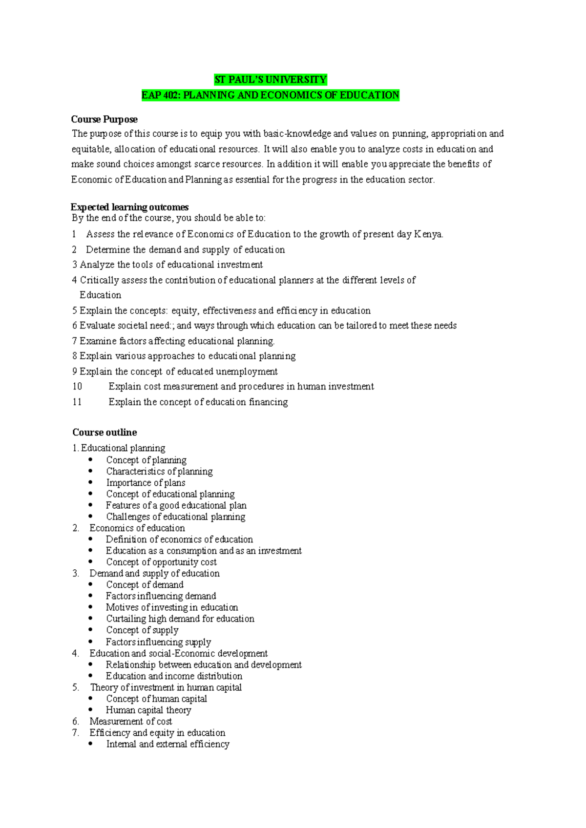 EAP 402 Planning AND Economics OF Education Course Outline - ST PAUL’S ...