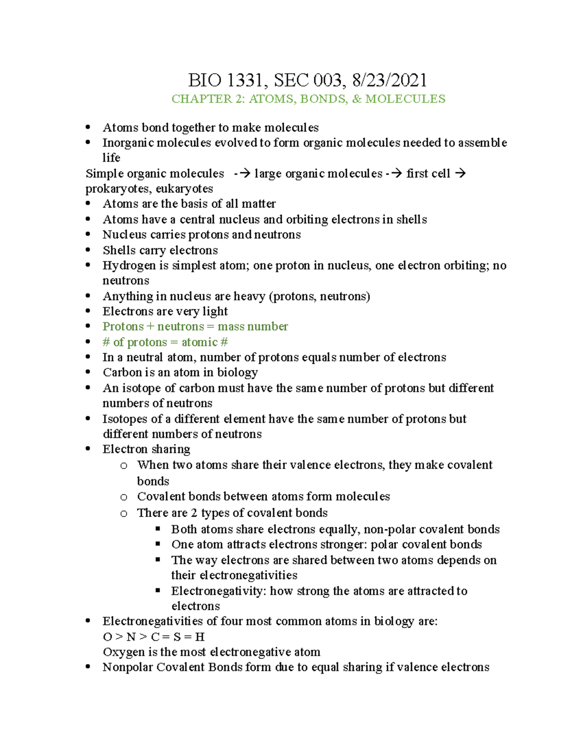 Bio notes, ch. 2 - atoms, bonds, and molecules, Sunethra Dharmasiri ...
