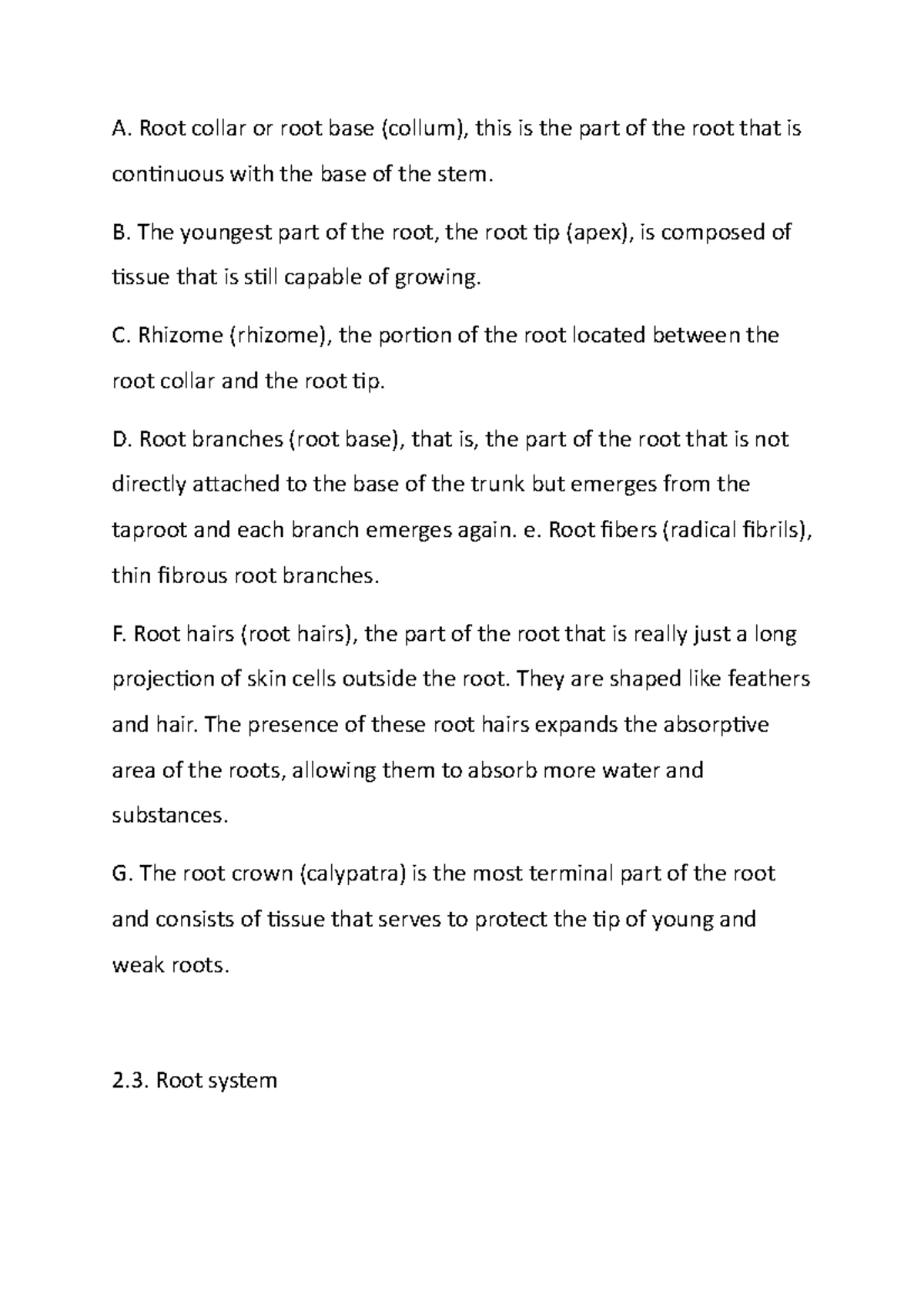 Root feature details A. Root collar or root base (collum), this is