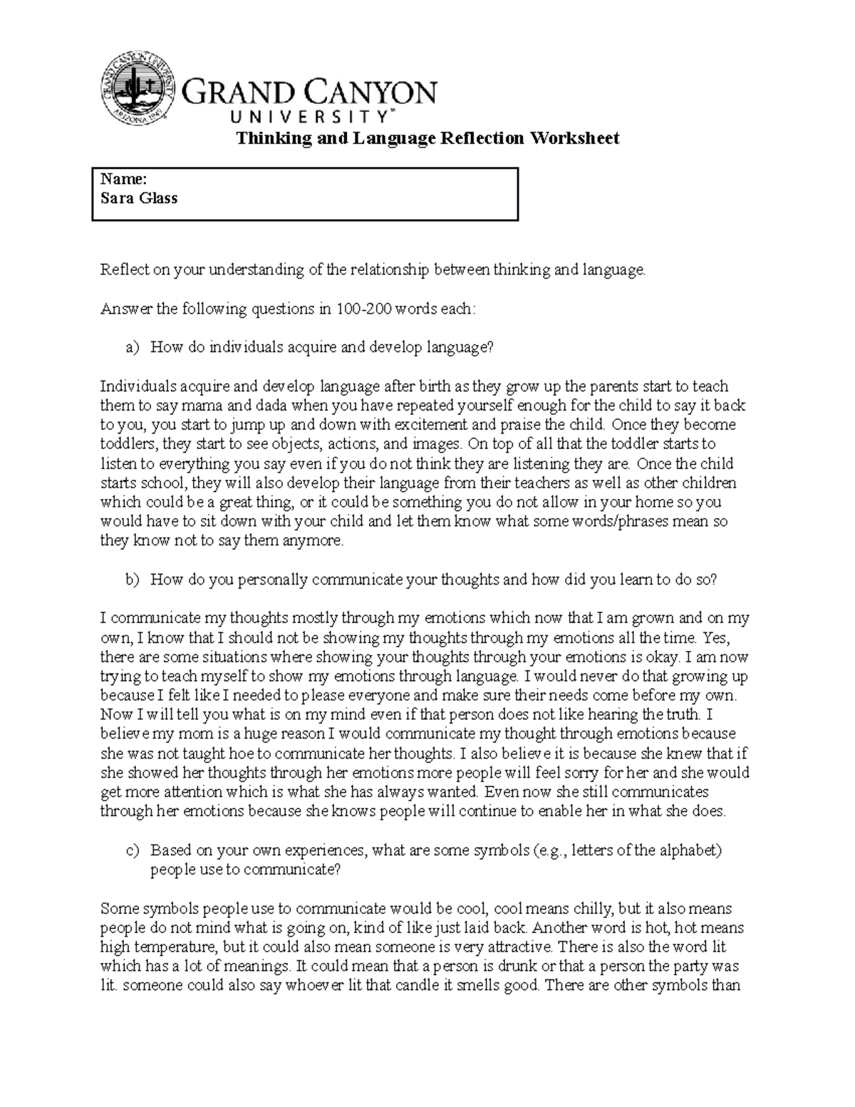 Topic 5 Thinking and Language Reflection Worksheet - Thinking and ...