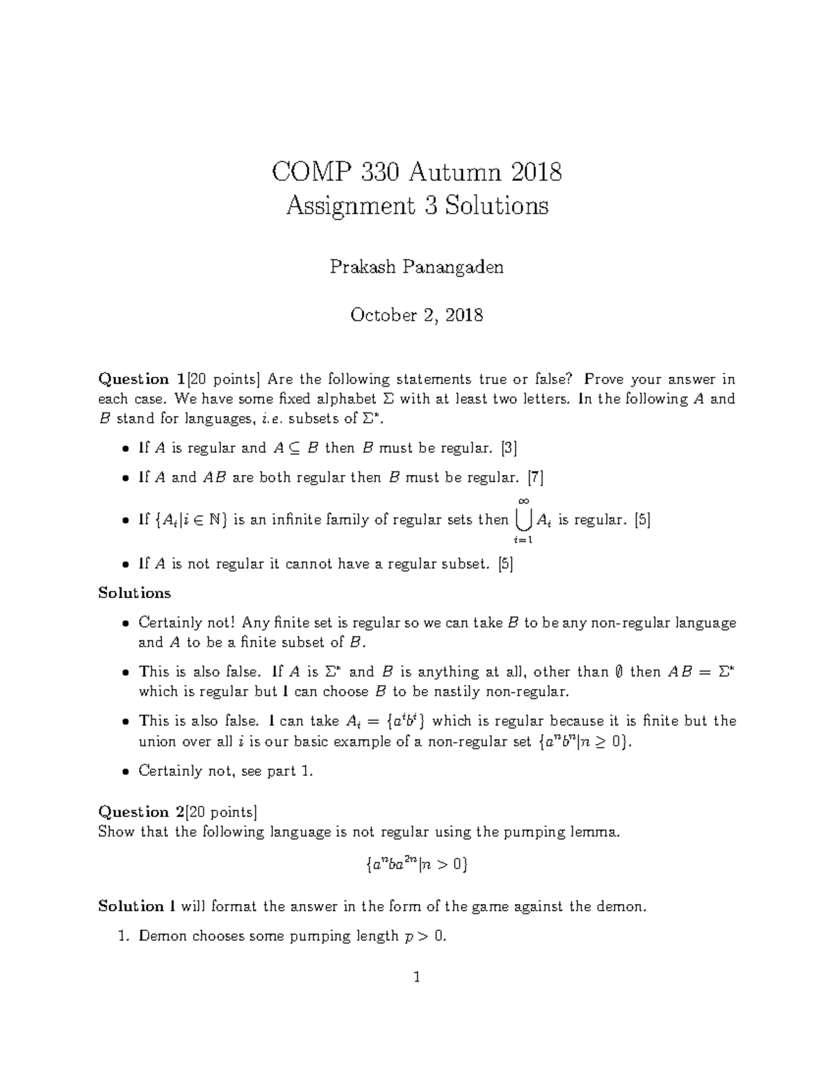 Fall 2018 Assignment 3 - COMP 330 Autumn 2018 Assignment 3 Solutions ...