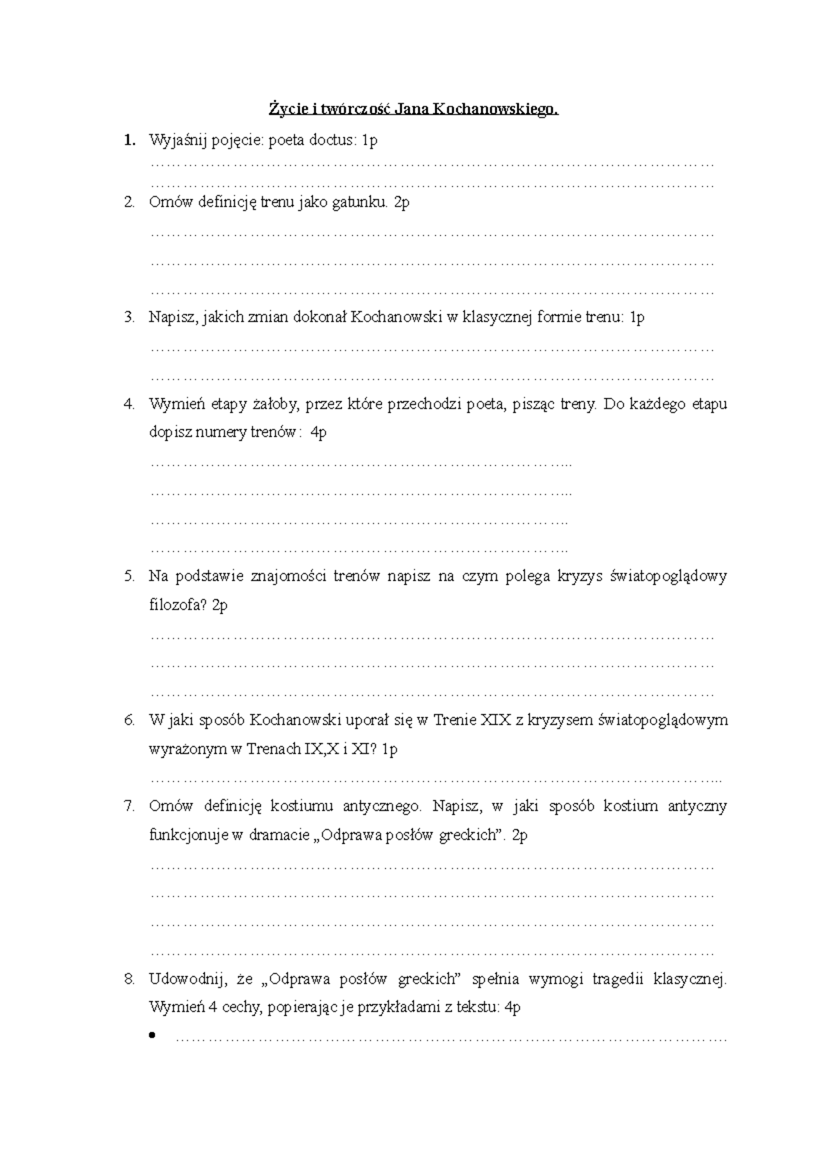 Jan Kochanowski Sprawdzian 7 Klasa www.studocu.com