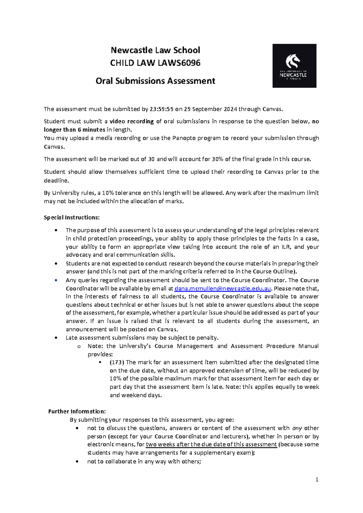 LAWS6096 - 2024 - Oral Submissions Assessment - 1 Newcastle Law School ...