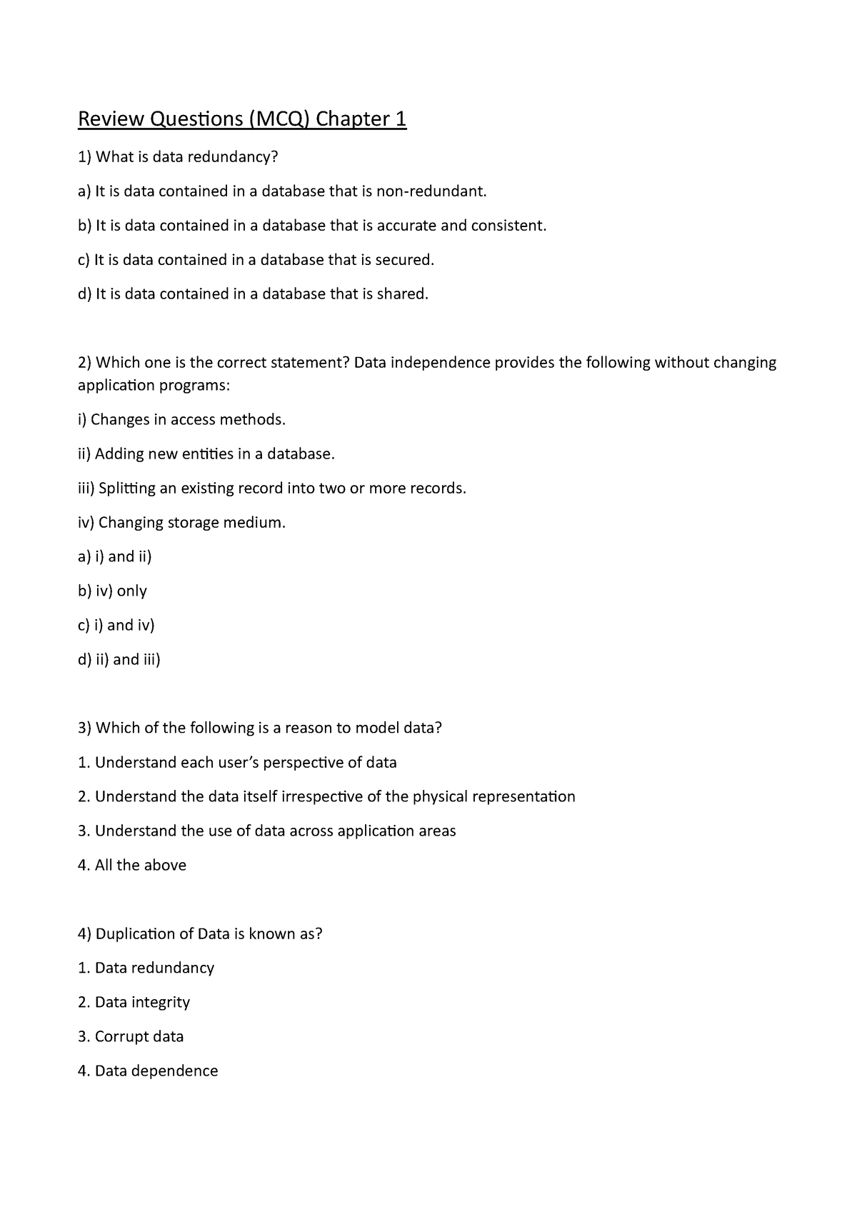 DBS Review MCQs - Review Questions (MCQ) Chapter 1 What is data ...