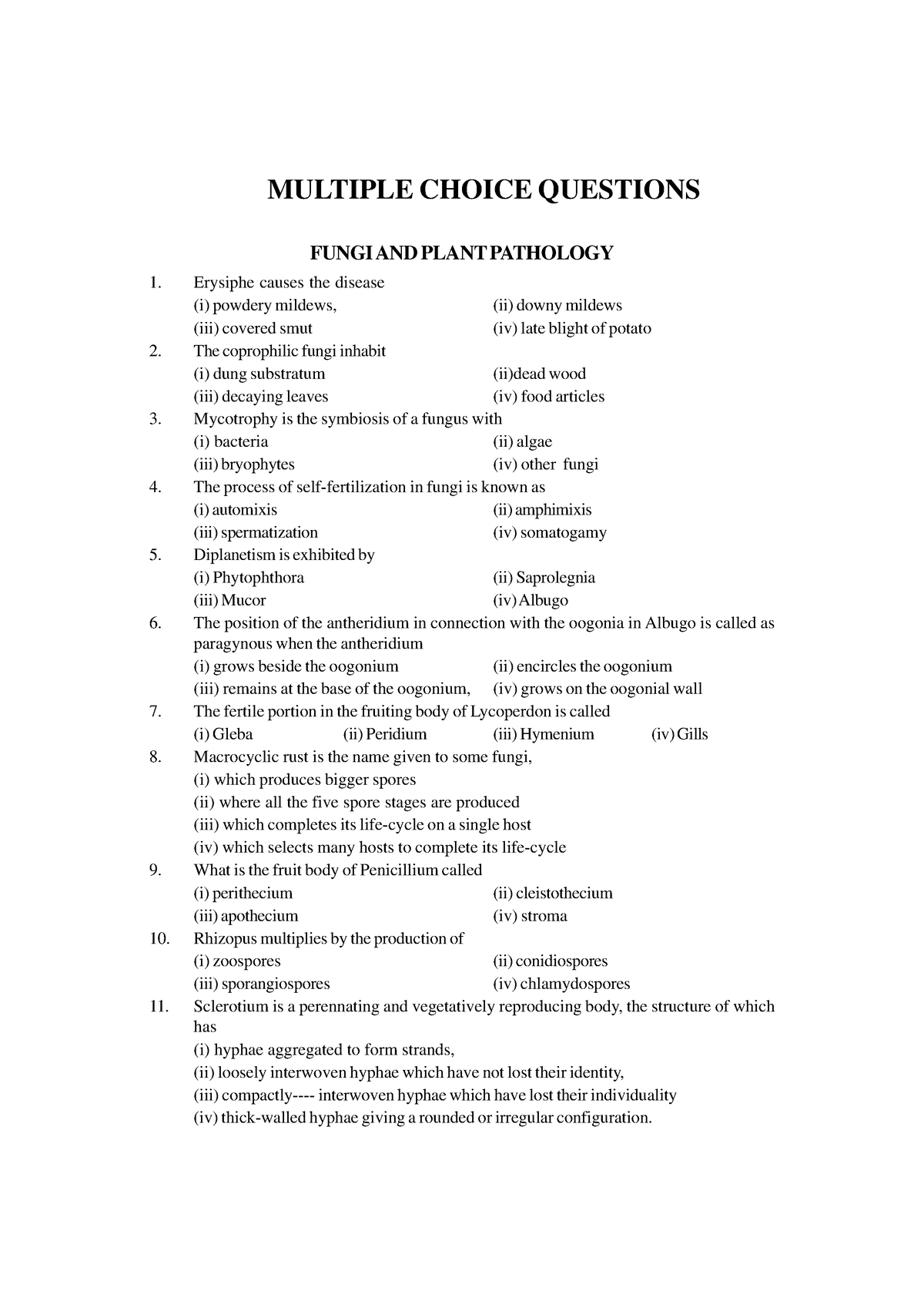 Multiple Choice Questions Fungi AND PLAN - MULTIPLE CHOICE QUESTIONS ...