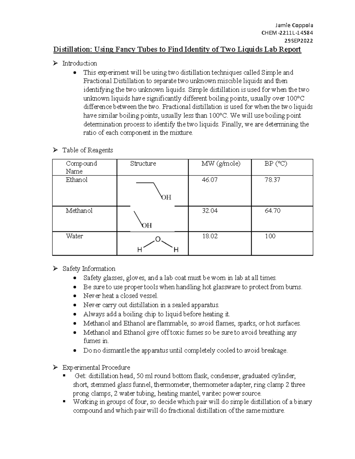 PostLab Distillation CHEM2211L 29SEP Distillation Using Fancy Tubes to Find Identity of