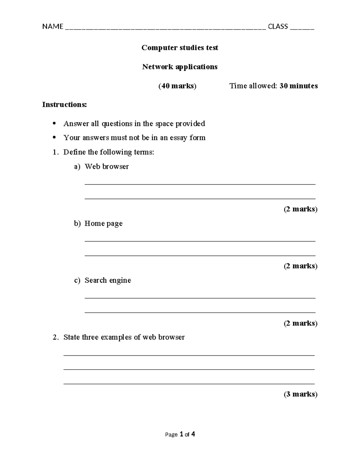 Network Applications TEST - Computer studies test Network applications ...