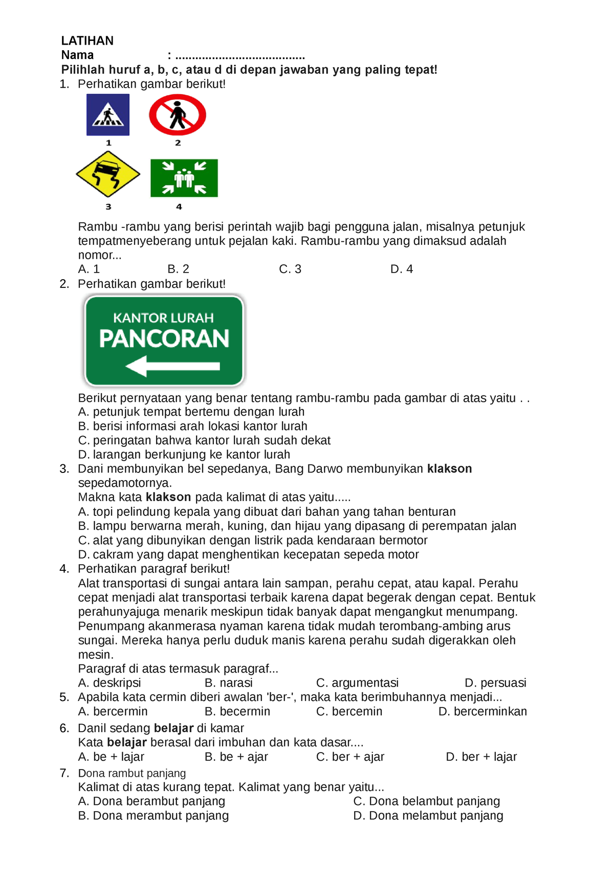 Soal Bahasa Indonesia Kelas 4 Bab 3 Lihat Sekitar-1-2 - LATIHAN Nama ...