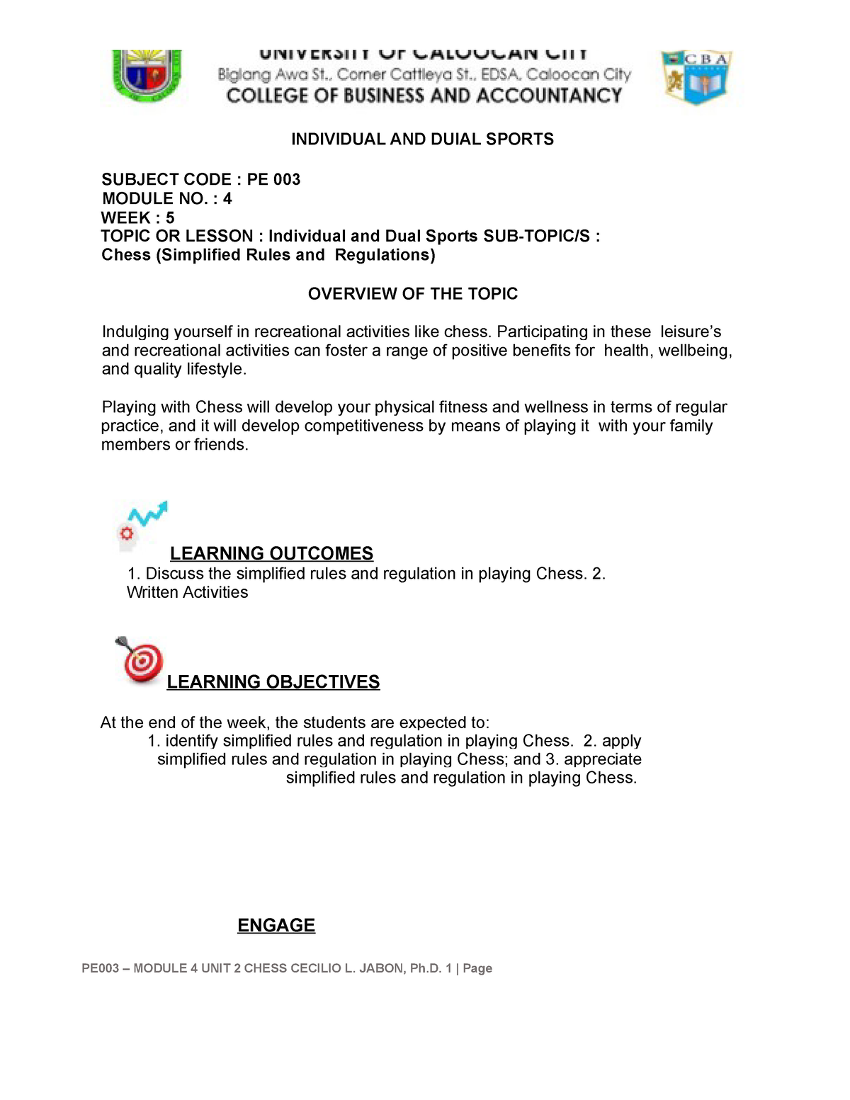 PE003 Module 4 Unit 2 Chess Simplified Rules And Regulations ...