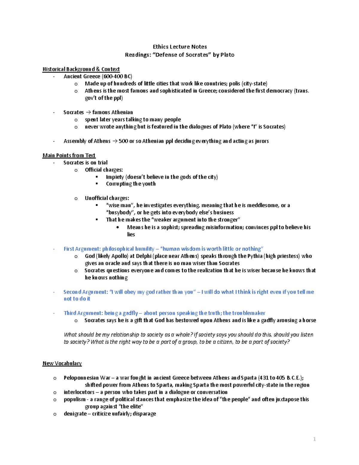 Ethics Lecture Notes Defense Of Socrates Phi 125 Clc Studocu