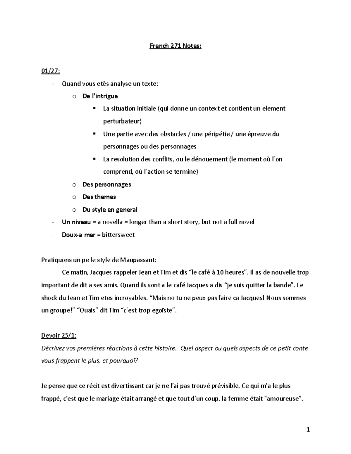 French 271 Notes - French 271 Notes: 01/27: - Quand vous etês analyse ...