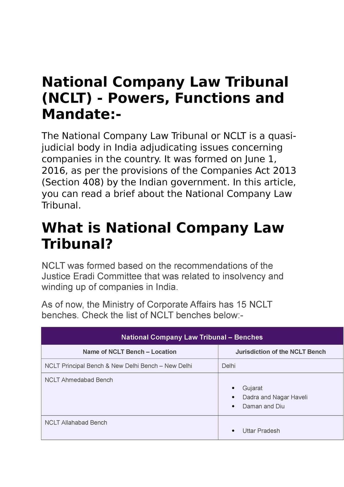 National Company Law Tribunal - It Was Formed On June 1, 2016, As Per ...