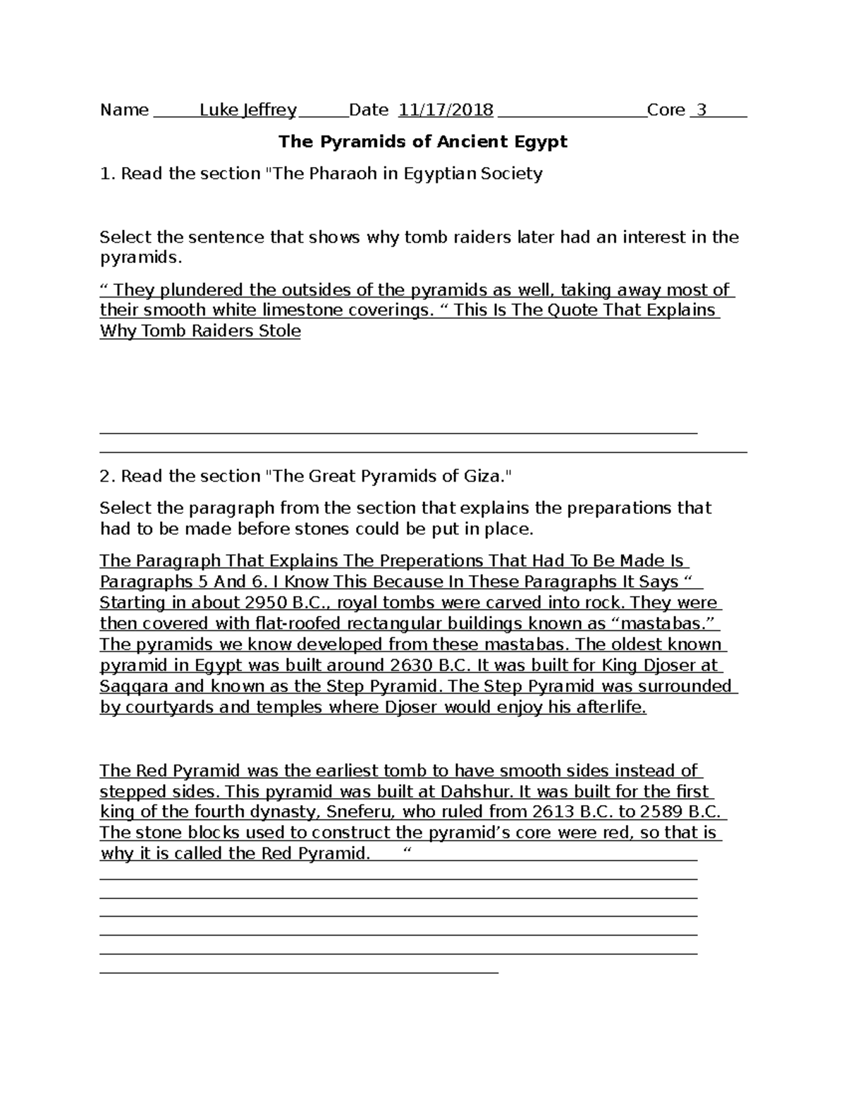 The Pyramids of Ancient Egypt Questions - Name Luke Jeffrey Date 11/17 ...